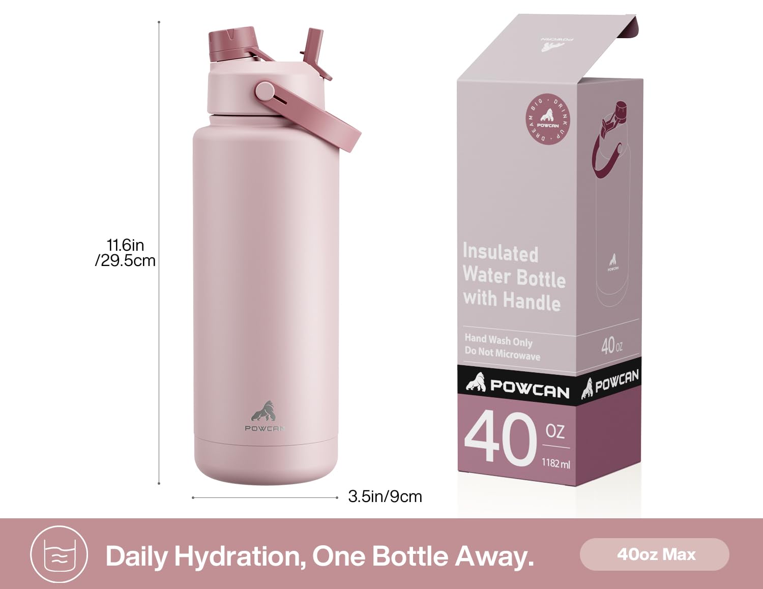 40 oz Insulated Water Bottle – 2-in-1 Straw & Spout Lid, Keeps Cold 24 Hours