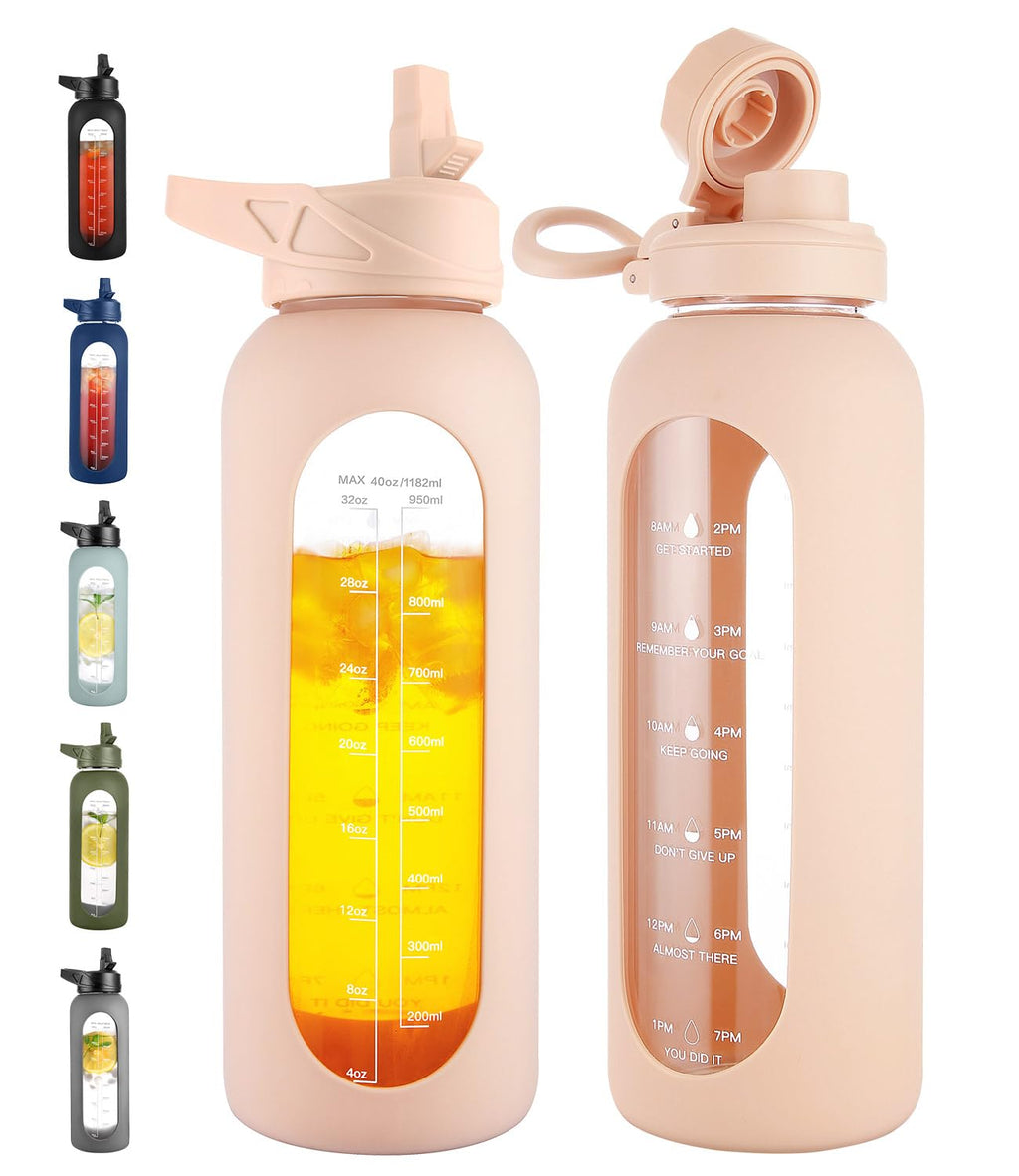 40 oz Glass Water Bottle with Straw & Time Marker – Motivational Bottle with Sleeve