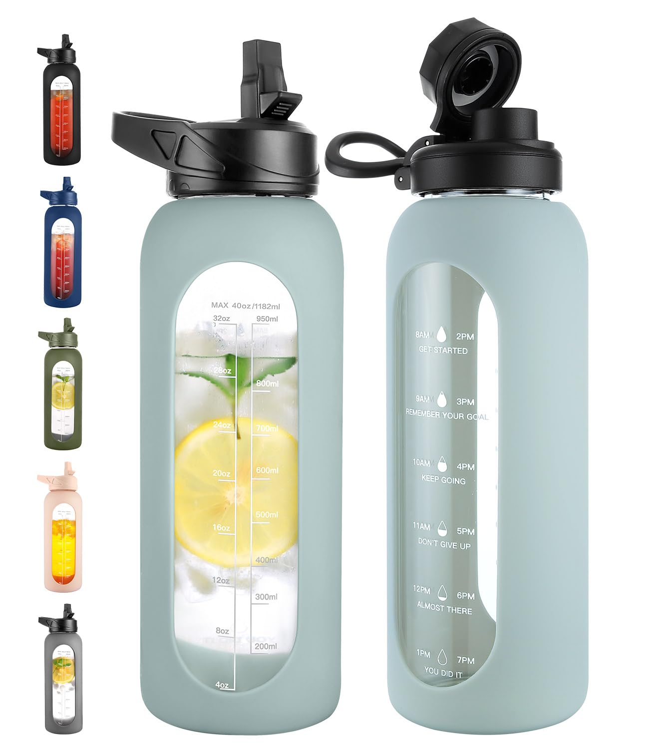 40 oz Glass Water Bottle with Straw & Time Marker – Motivational Bottle with Sleeve