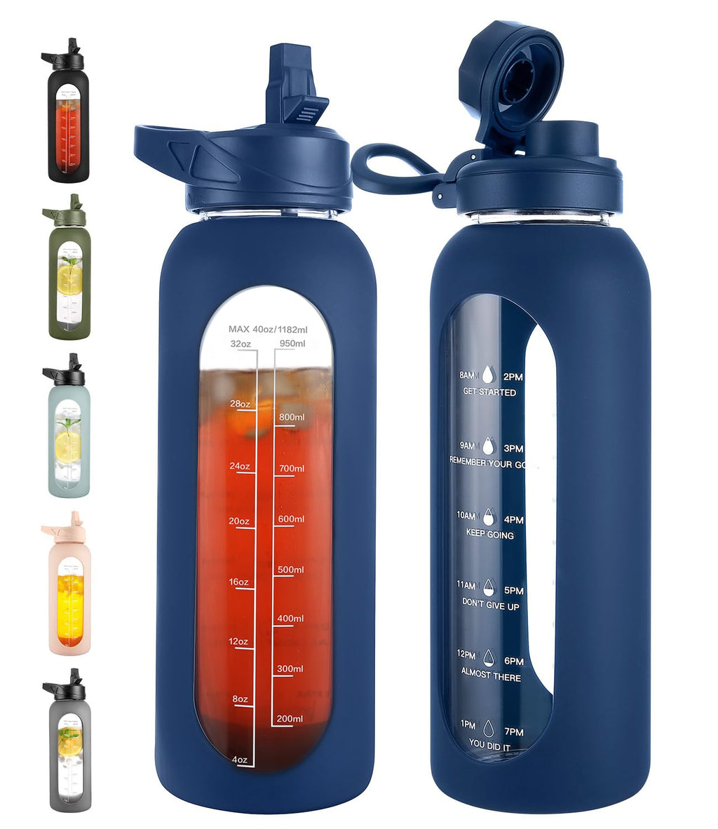 40 oz Glass Water Bottle with Straw & Time Marker – Motivational Bottle with Sleeve