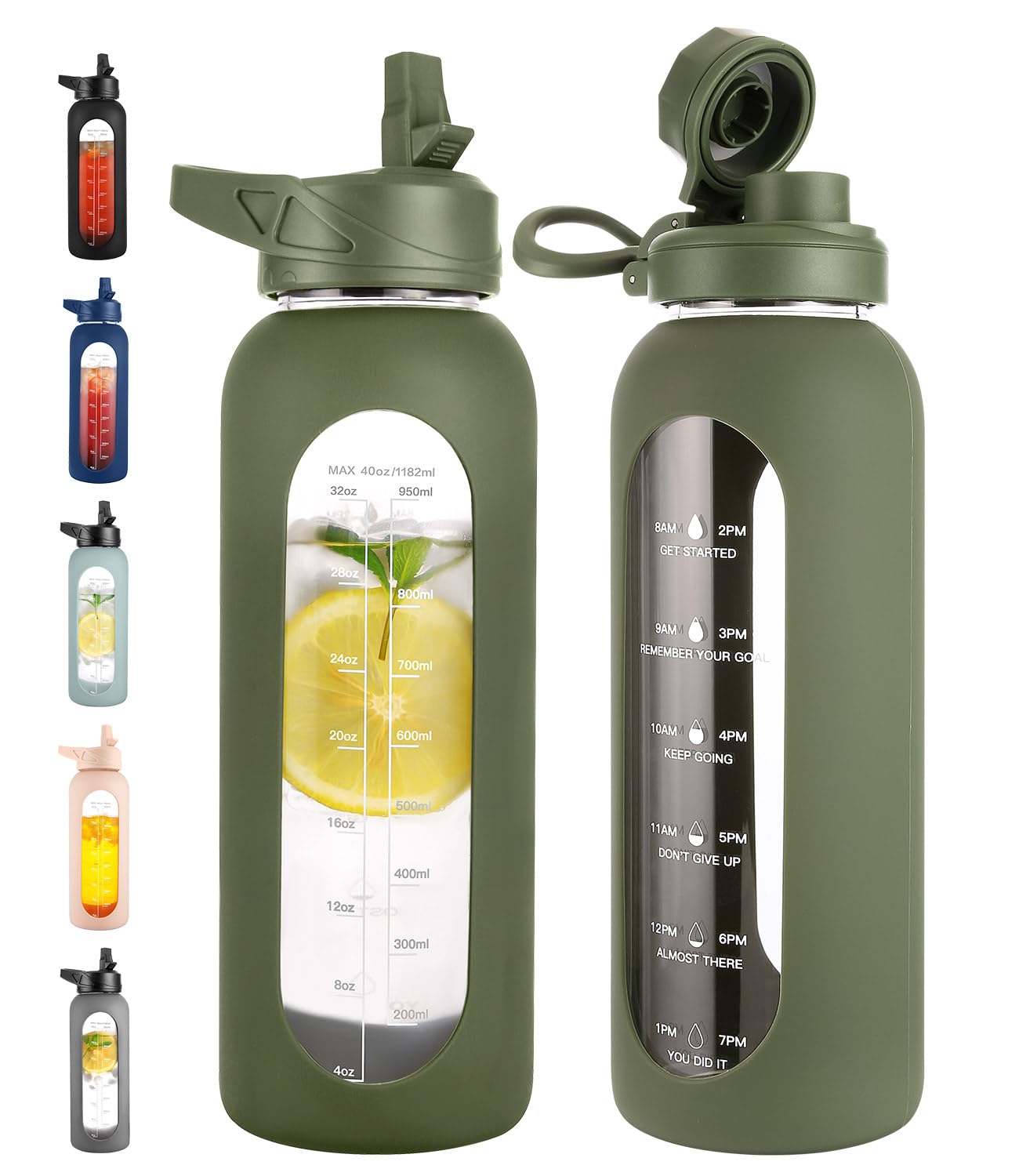 40 oz Glass Water Bottle with Straw & Time Marker – Motivational Bottle with Sleeve