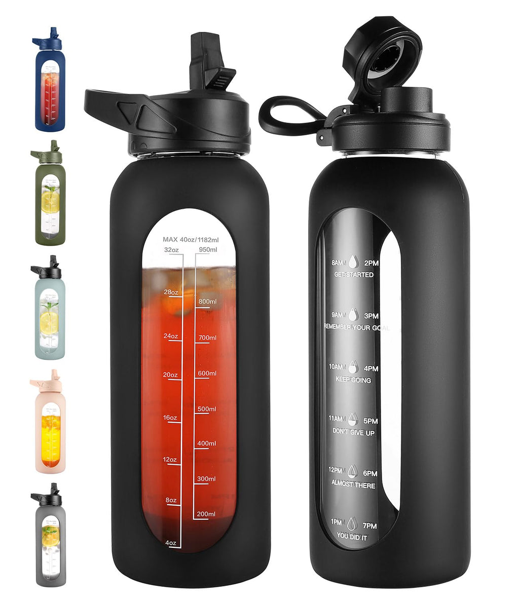 40 oz Glass Water Bottle with Straw & Time Marker – Motivational Bottle with Sleeve