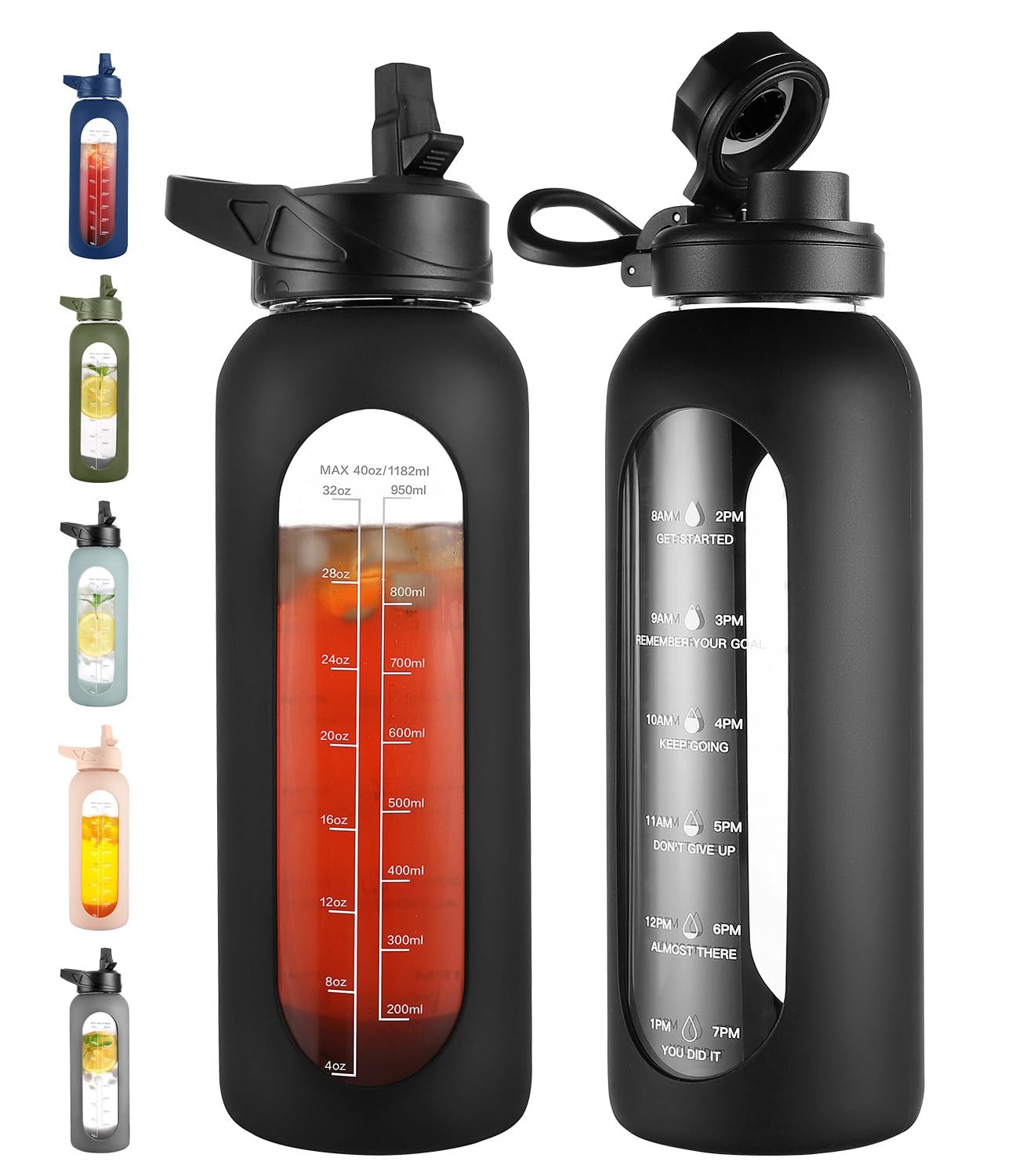 40 oz Glass Water Bottle with Straw & Time Marker – Motivational Bottle with Sleeve
