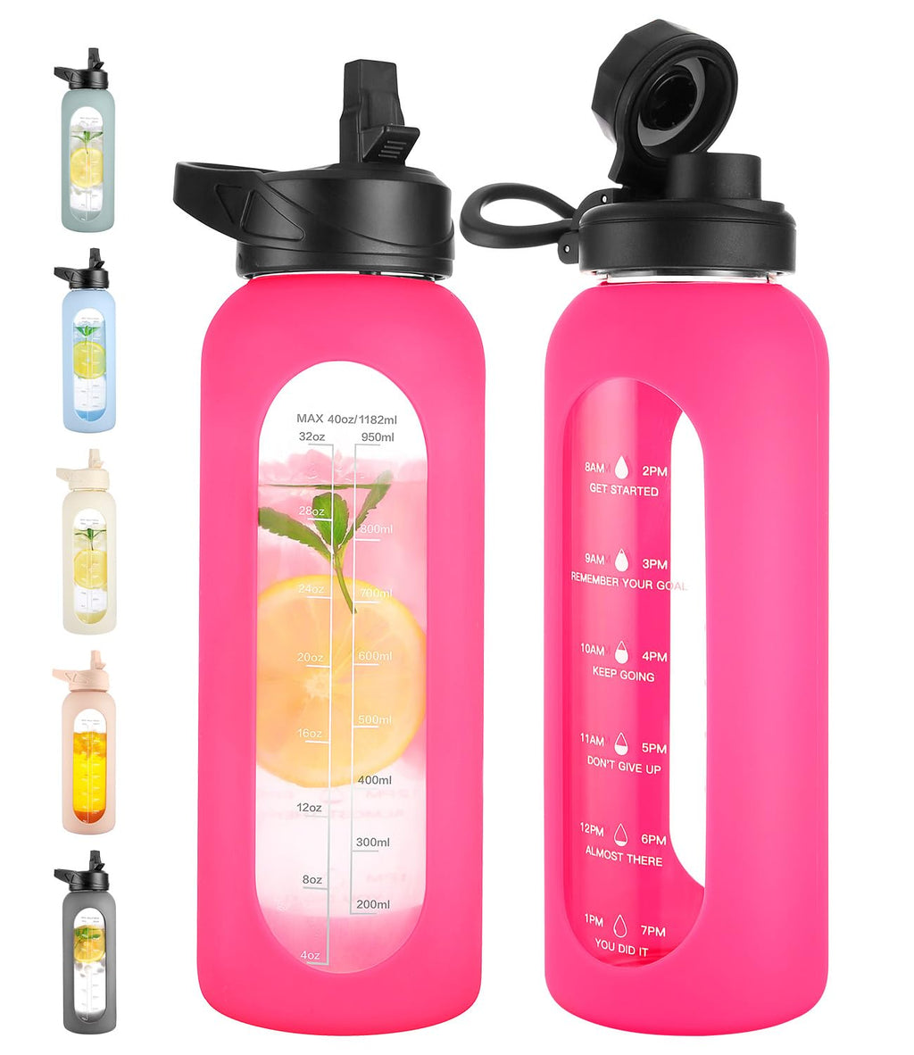 40 oz Glass Water Bottle with Straw & Time Marker – Motivational Bottle with Sleeve