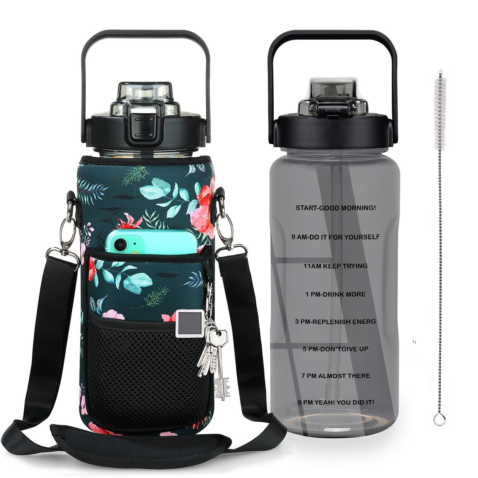 Half Gallon Water Bottle with Sleeve – 64 oz Motivational Bottle with Straw & Time Marker