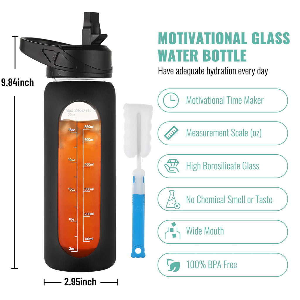 40 oz Glass Water Bottle with Straw & Time Marker – Motivational Bottle with Sleeve
