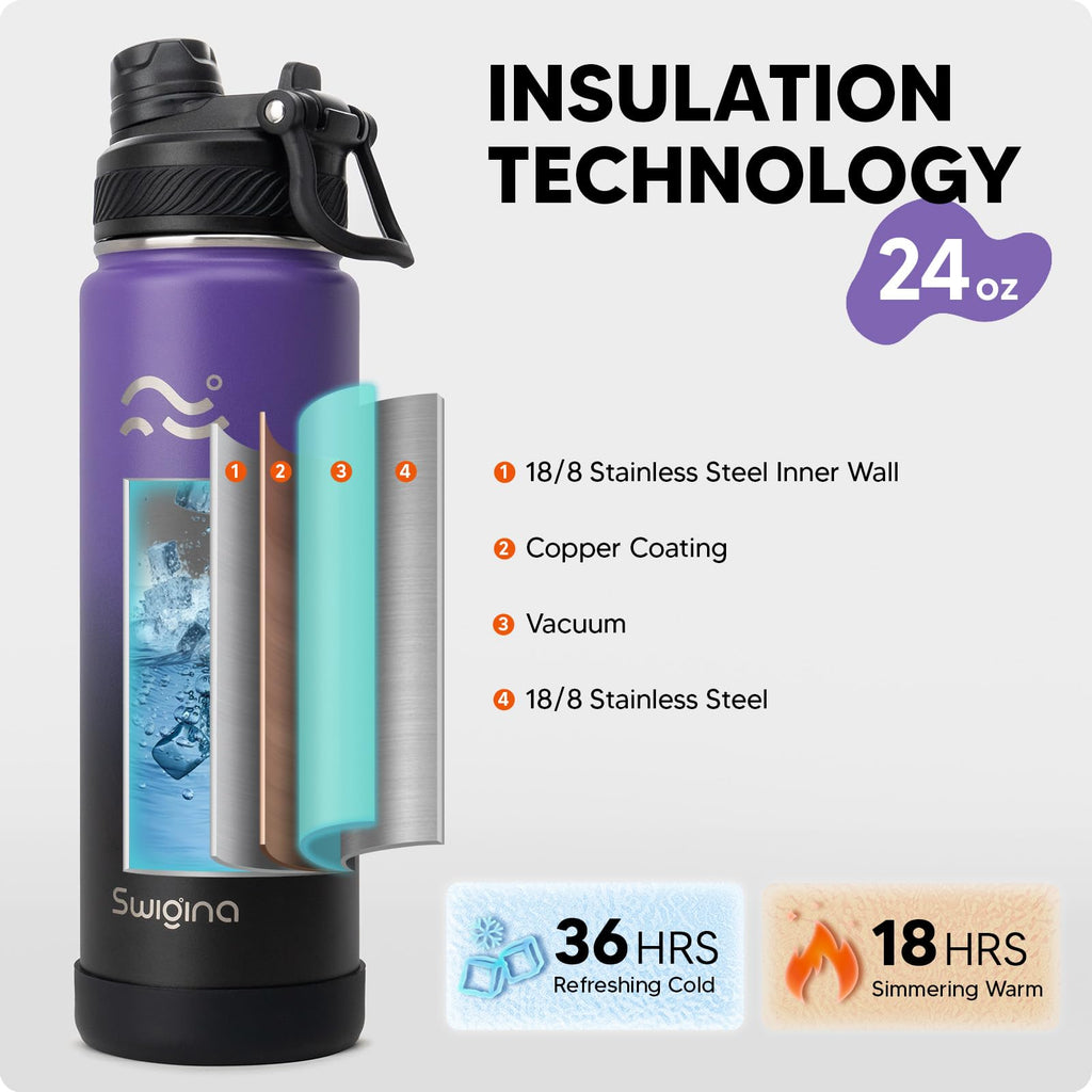 Insulated Water Bottle with Silicone Boot – 24 oz, Cold 36 Hrs / Hot 18 Hrs