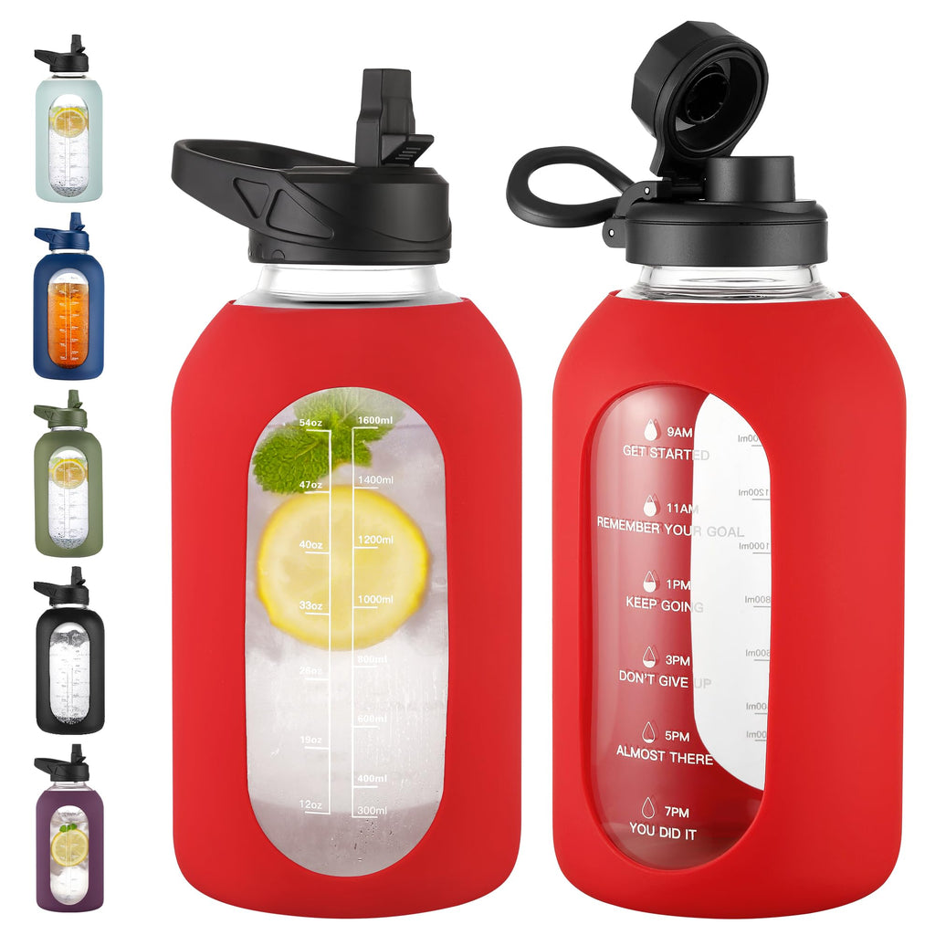 40 oz Glass Water Bottle with Straw & Time Marker – Motivational Bottle with Sleeve