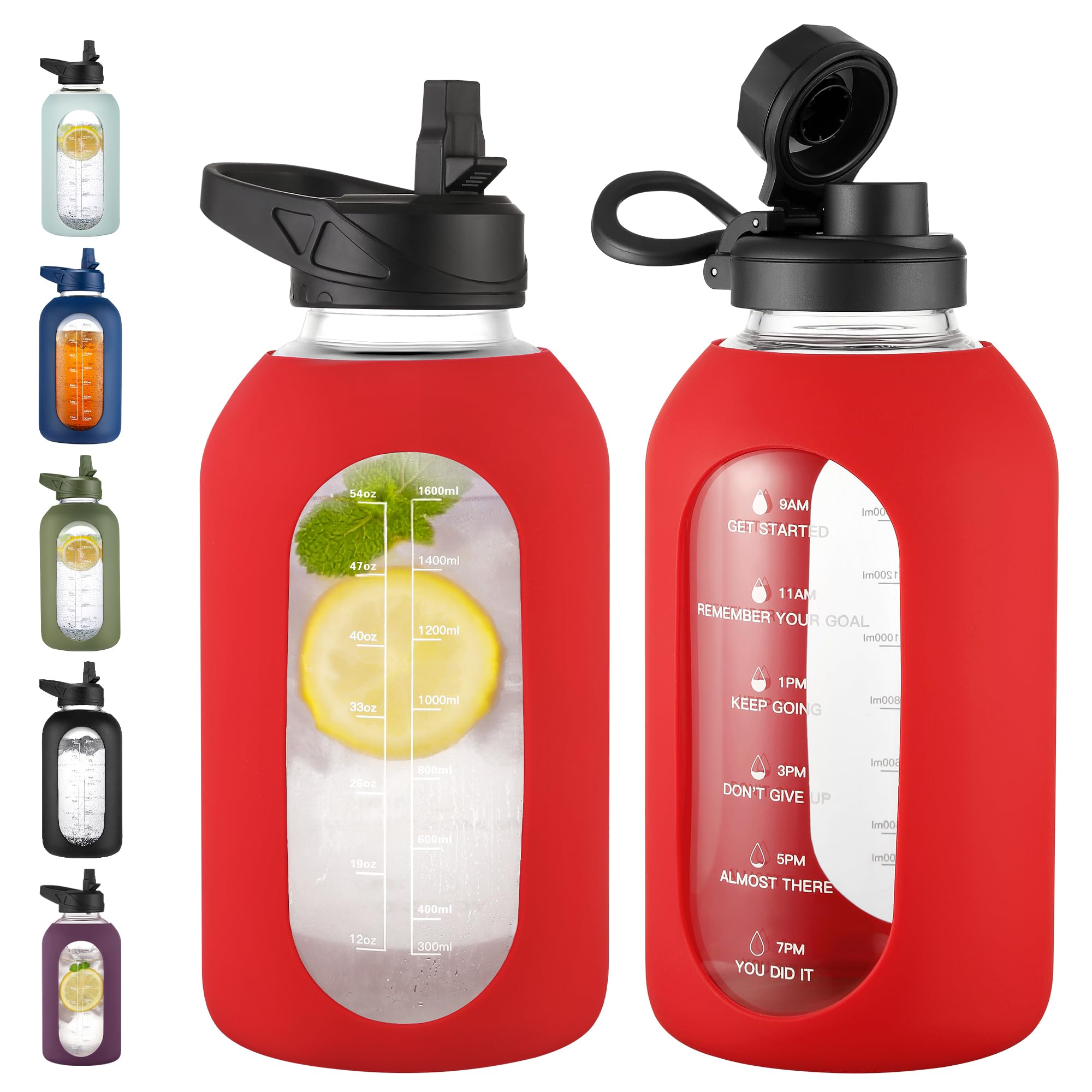 40 oz Glass Water Bottle with Straw & Time Marker – Motivational Bottle with Sleeve