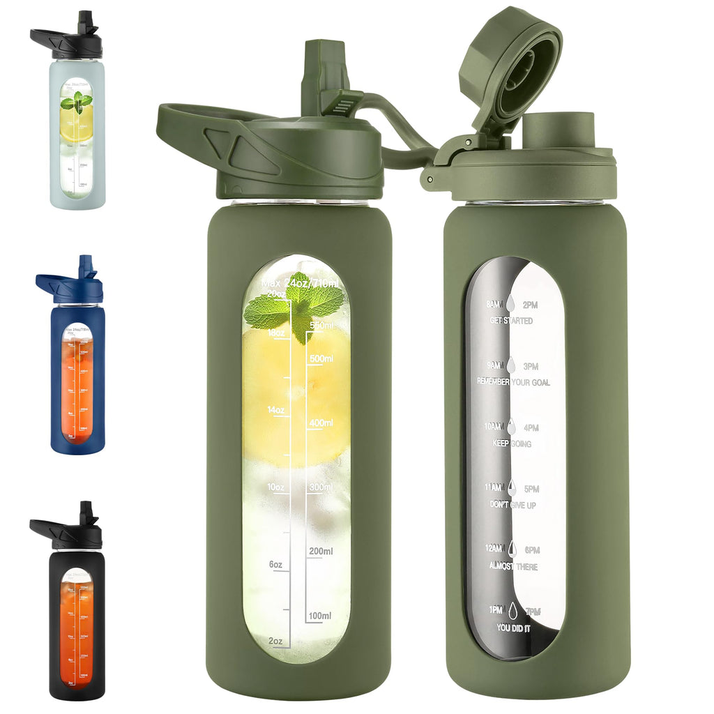 40 oz Glass Water Bottle with Straw & Time Marker – Motivational Bottle with Sleeve