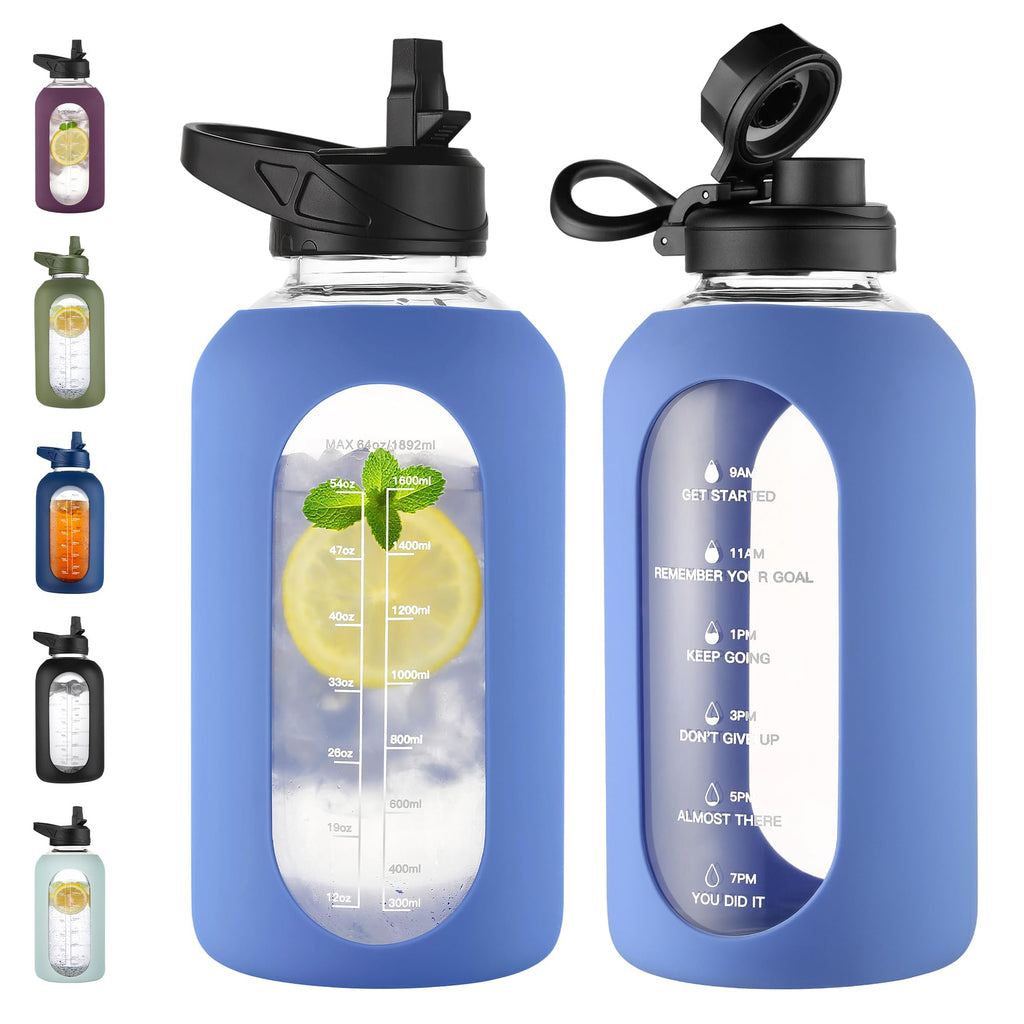 40 oz Glass Water Bottle with Straw & Time Marker – Motivational Bottle with Sleeve