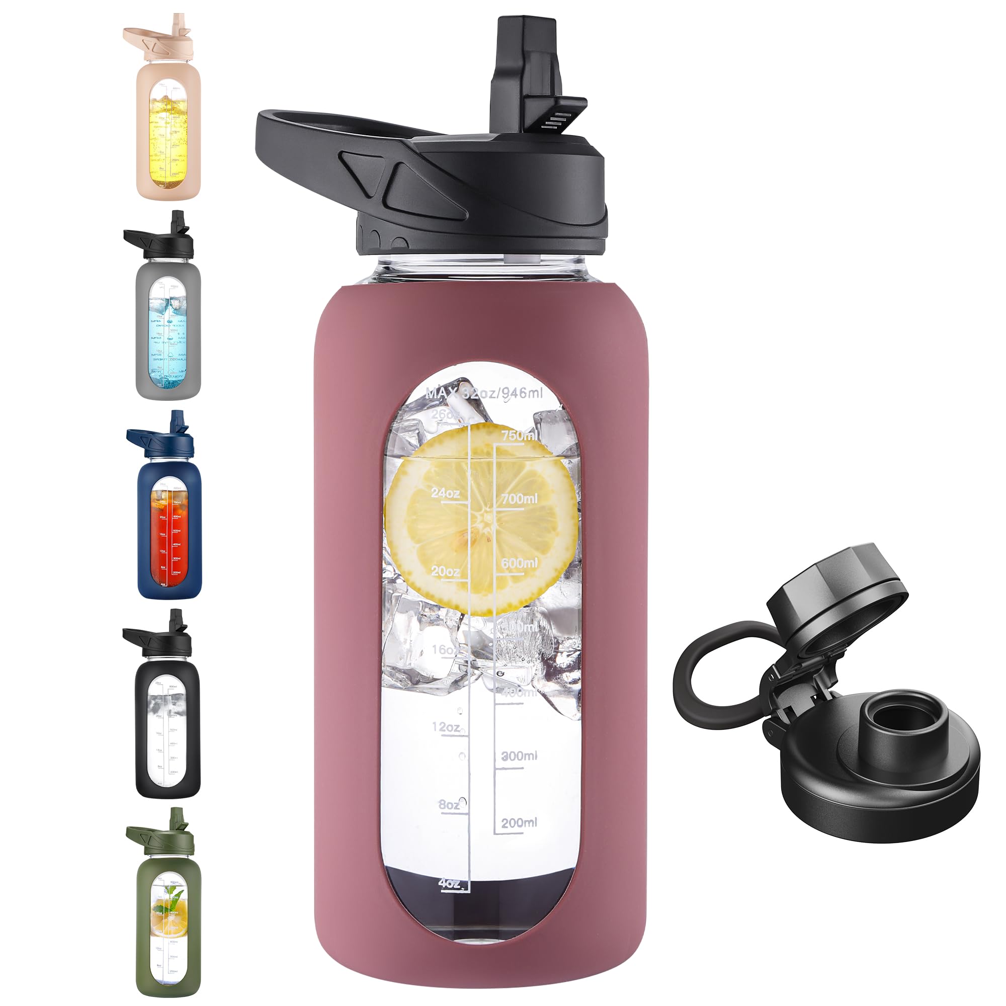 40 oz Glass Water Bottle with Straw & Time Marker – Motivational Bottle with Sleeve