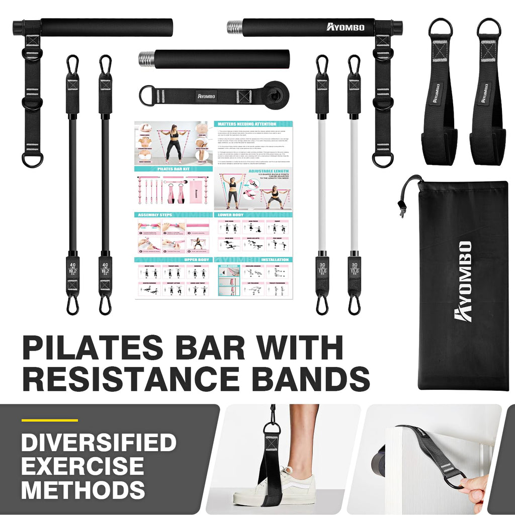 Pilates Bar Kit with Resistance Bands – Adjustable 3-Section Home Workout Set