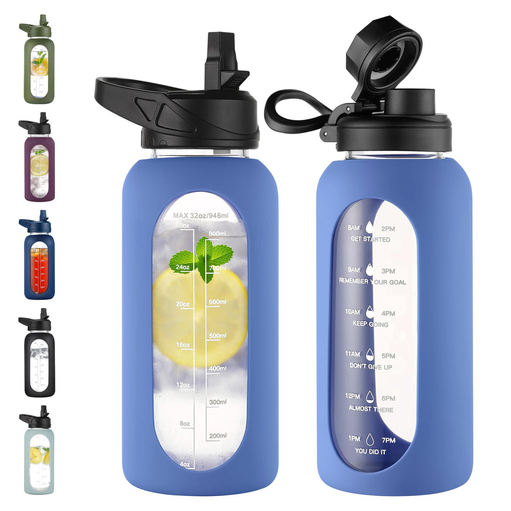 40 oz Glass Water Bottle with Straw & Time Marker – Motivational Bottle with Sleeve