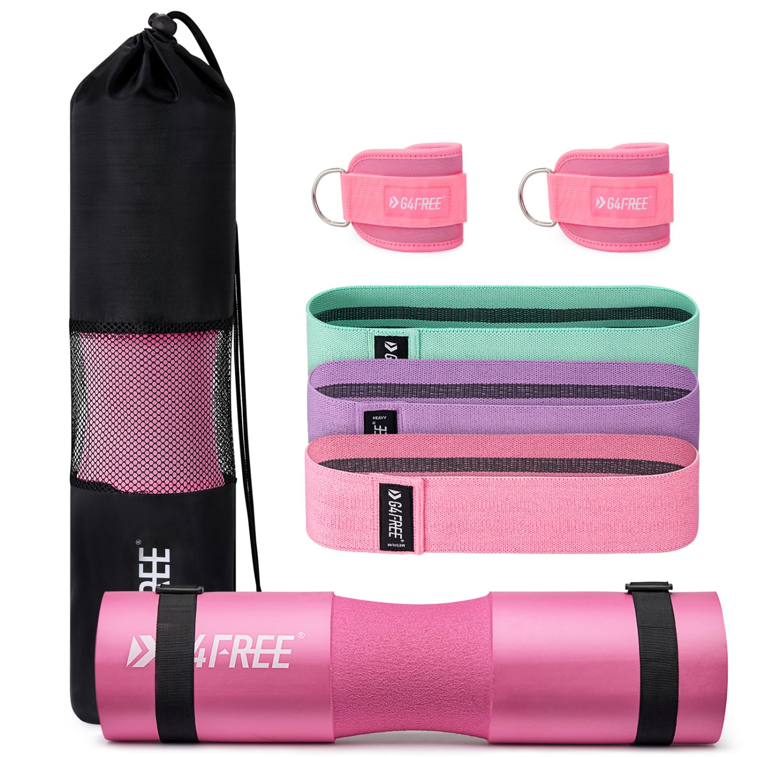 9-piece barbell pad set with resistance bands for squats and hip thrusts