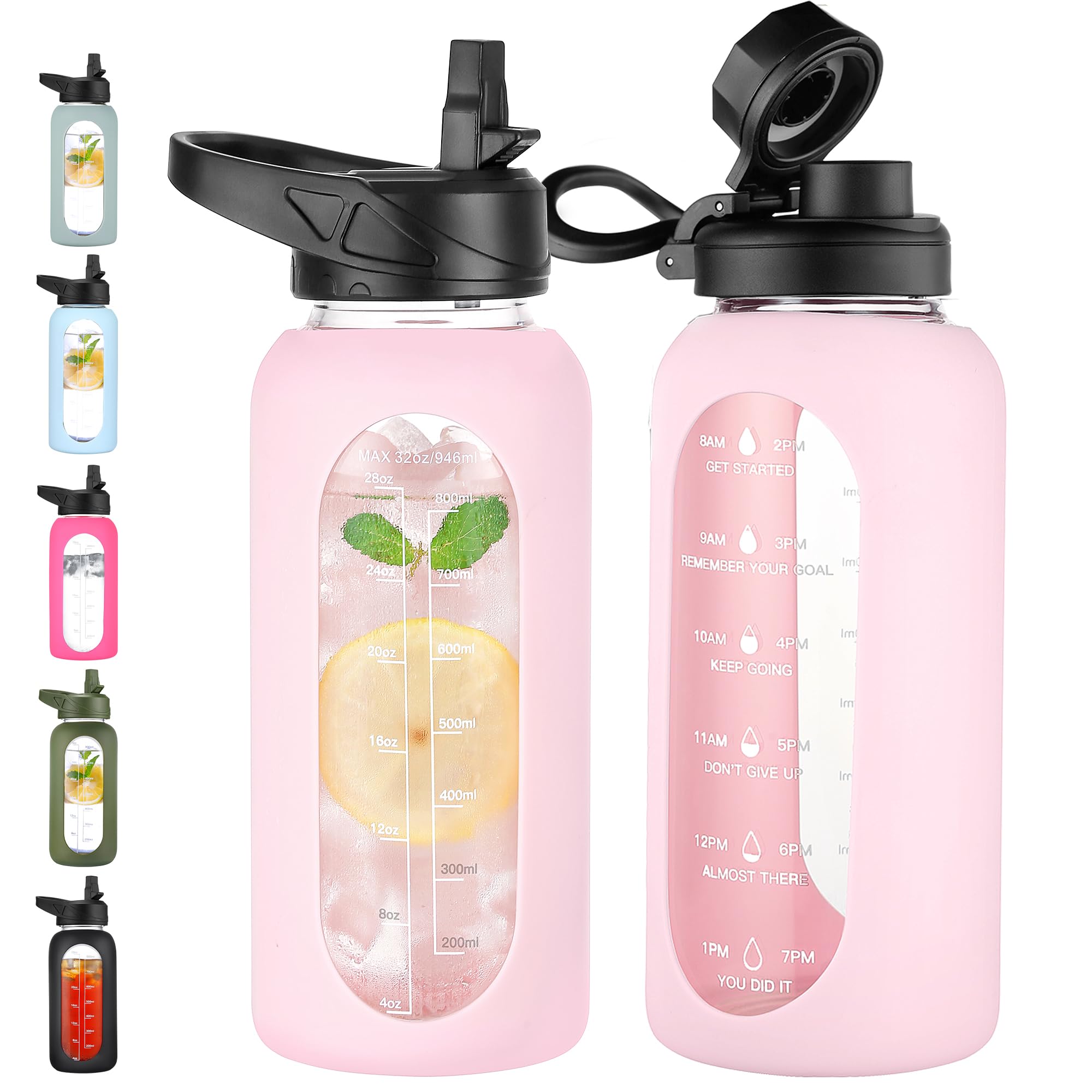 40 oz Glass Water Bottle with Straw & Time Marker – Motivational Bottle with Sleeve