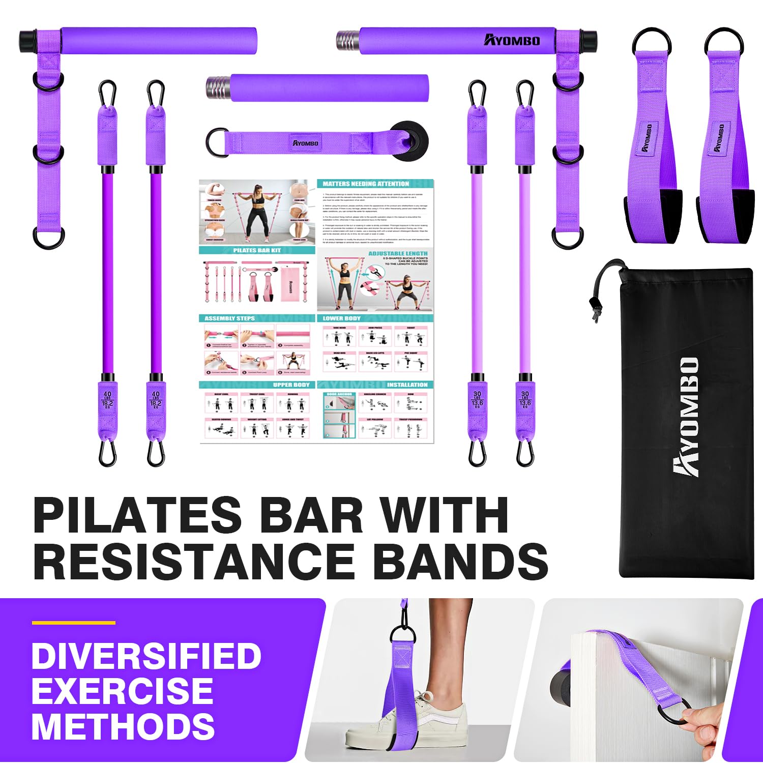 Pilates Bar Kit with Resistance Bands – Adjustable 3-Section Home Workout Set