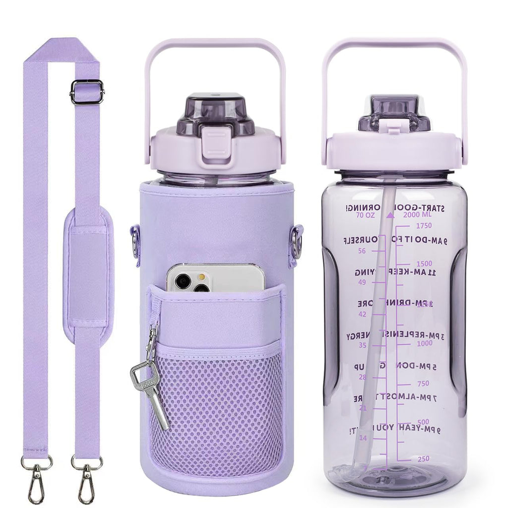 Half Gallon Water Bottle with Sleeve – 64 oz Motivational Bottle with Straw & Time Marker
