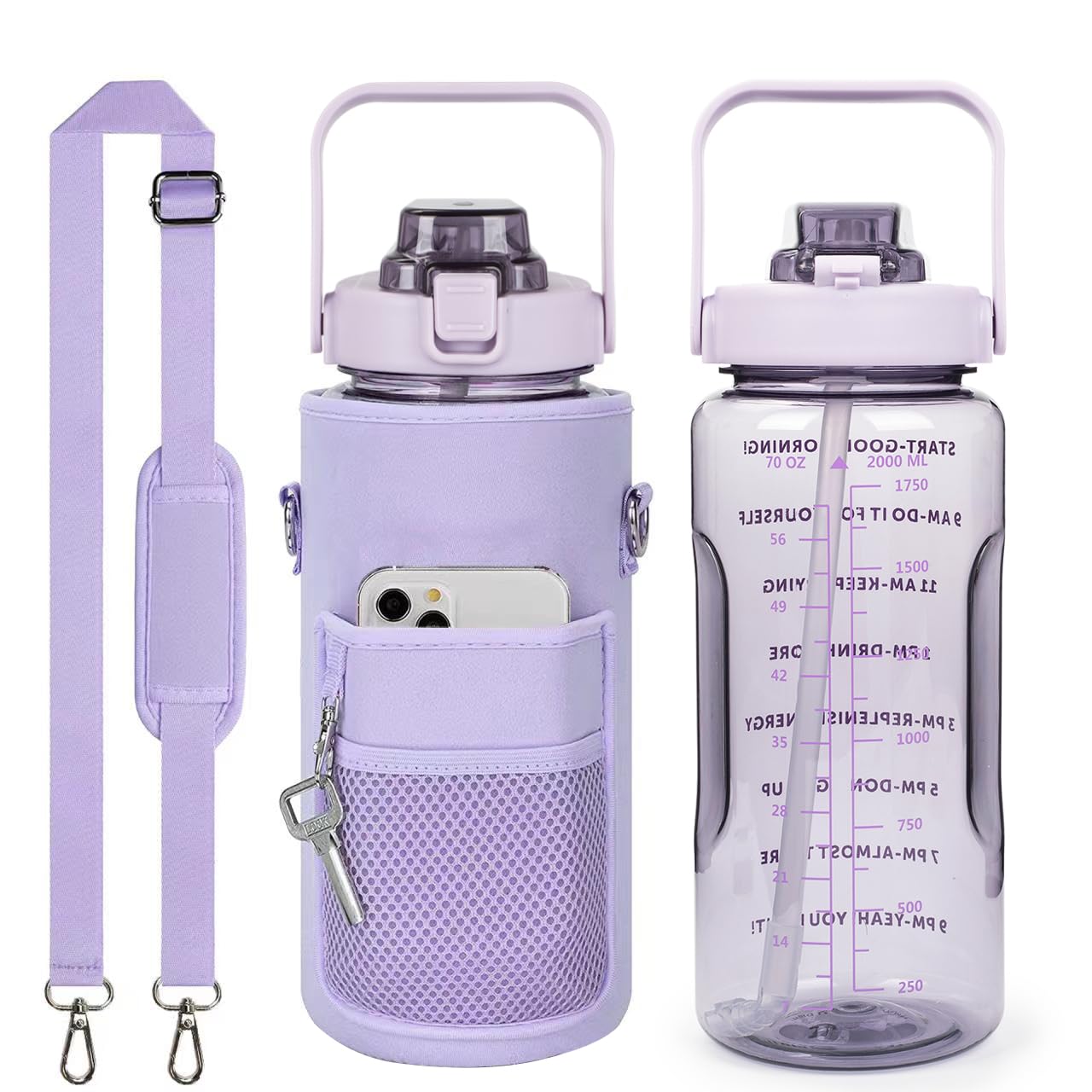 Half Gallon Water Bottle with Sleeve – 64 oz Motivational Bottle with Straw & Time Marker
