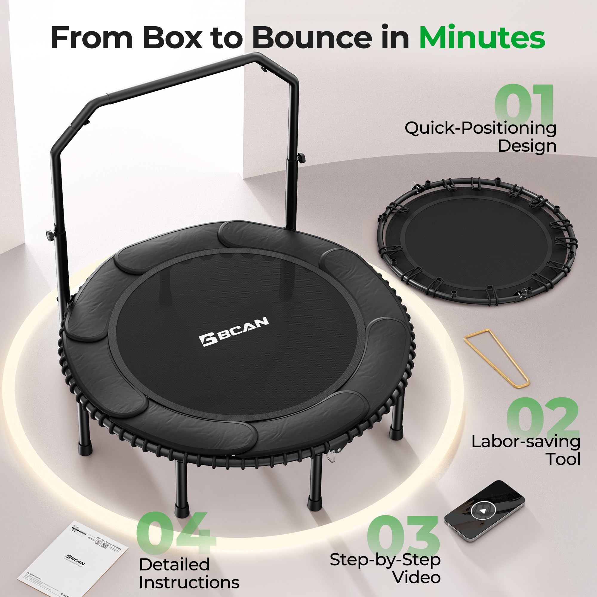 Mini Rebounder Trampoline for Adults – Fitness Trampoline with Adjustable Handle Bar
