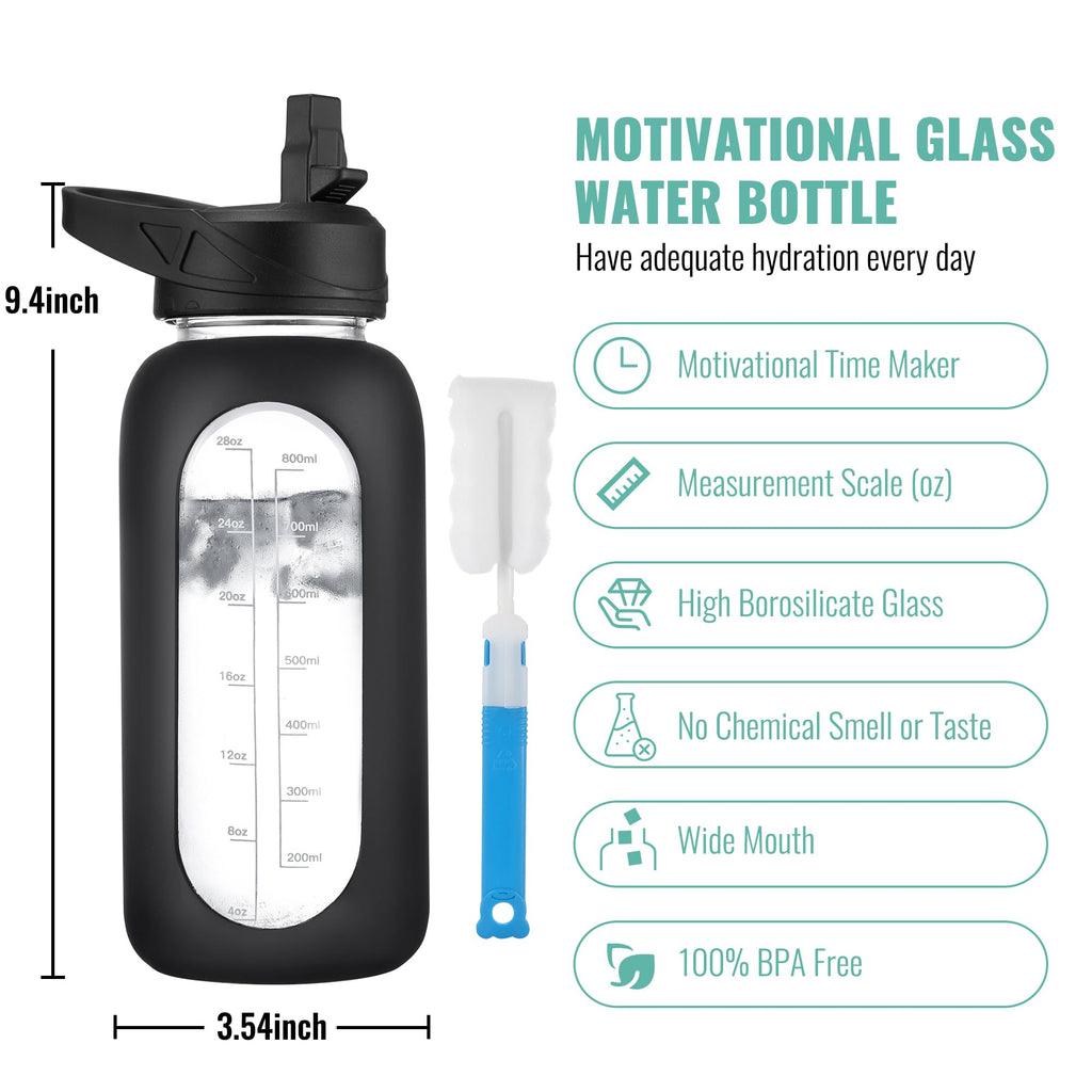 40 oz Glass Water Bottle with Straw & Time Marker – Motivational Bottle with Sleeve