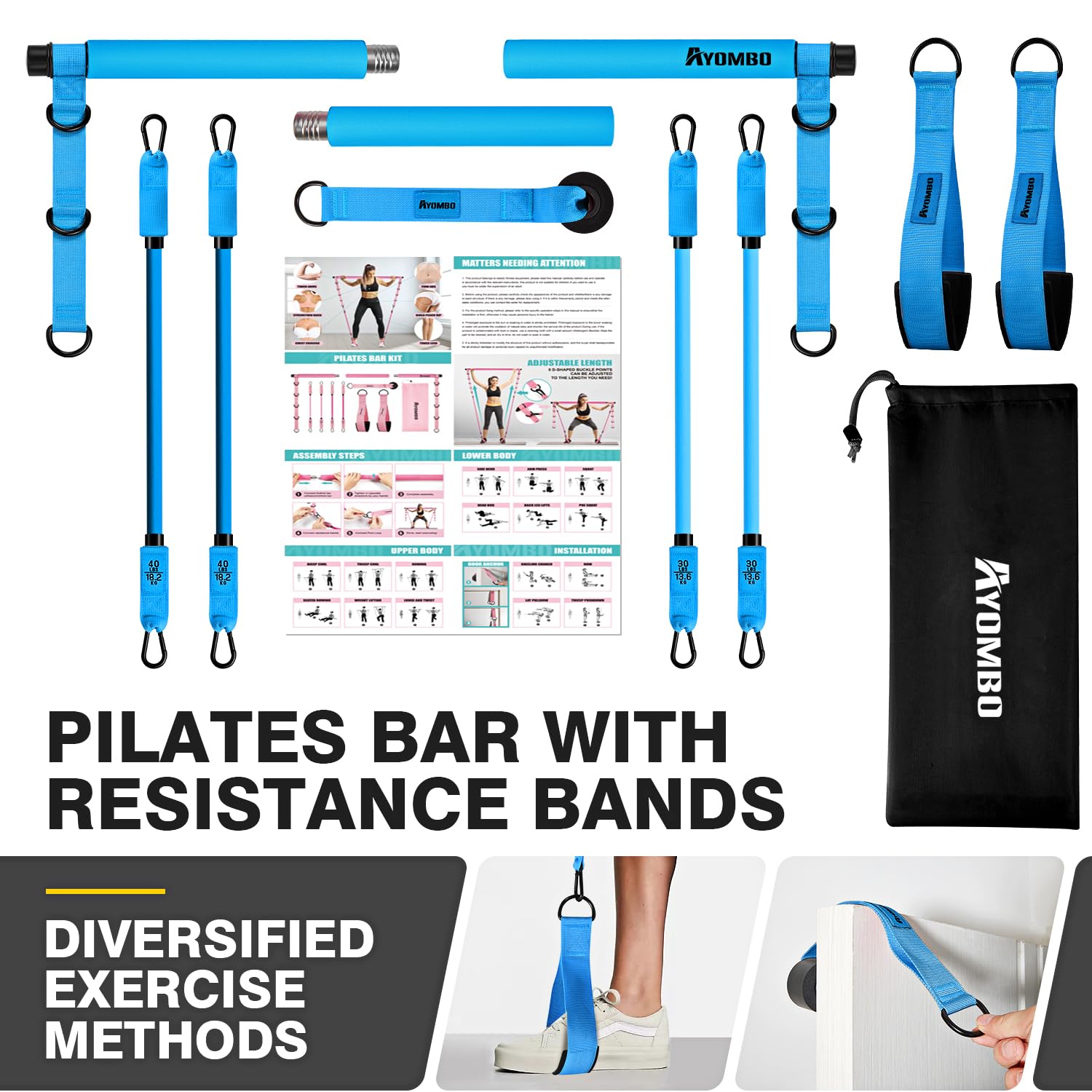 Pilates Bar Kit with Resistance Bands – Adjustable 3-Section Home Workout Set