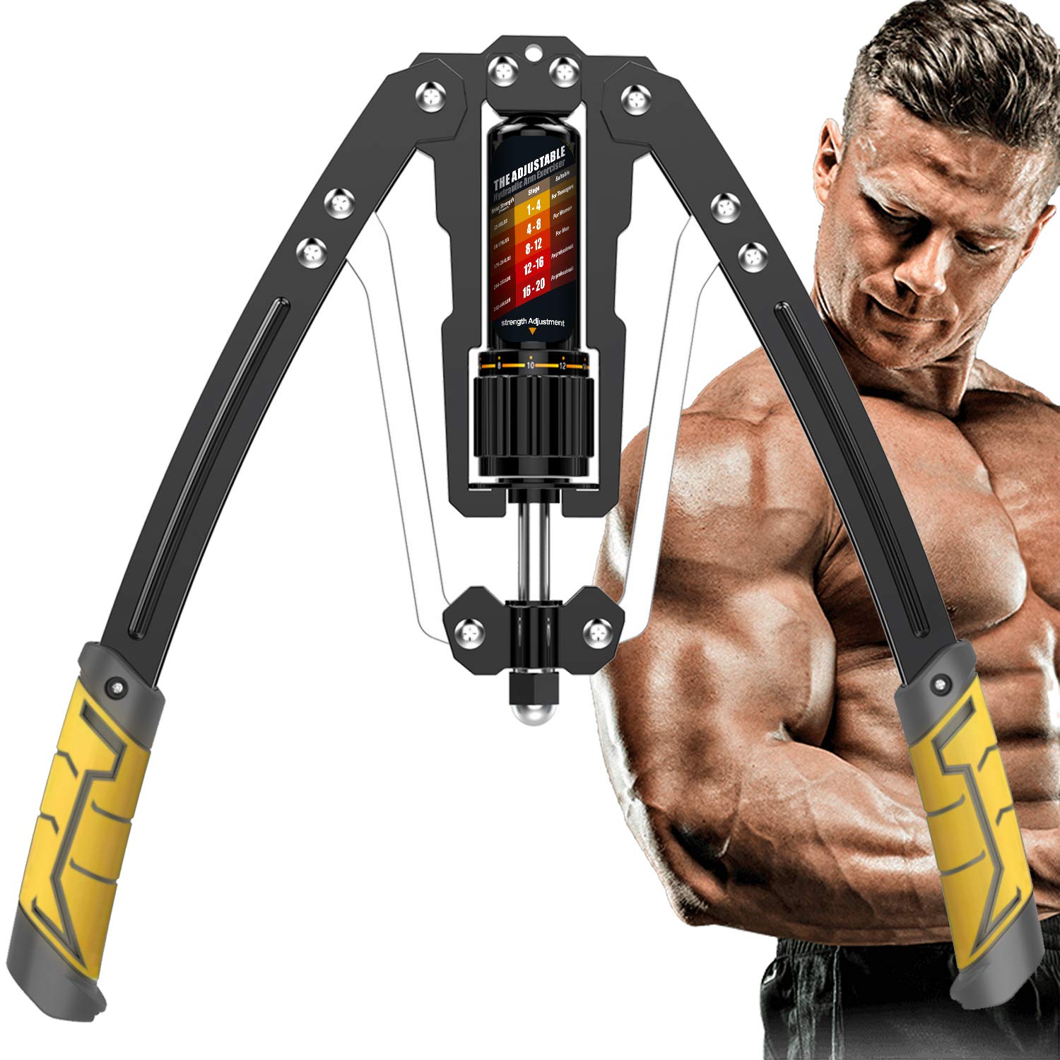 Adjustable hydraulic twister arm exerciser for chest and arm training