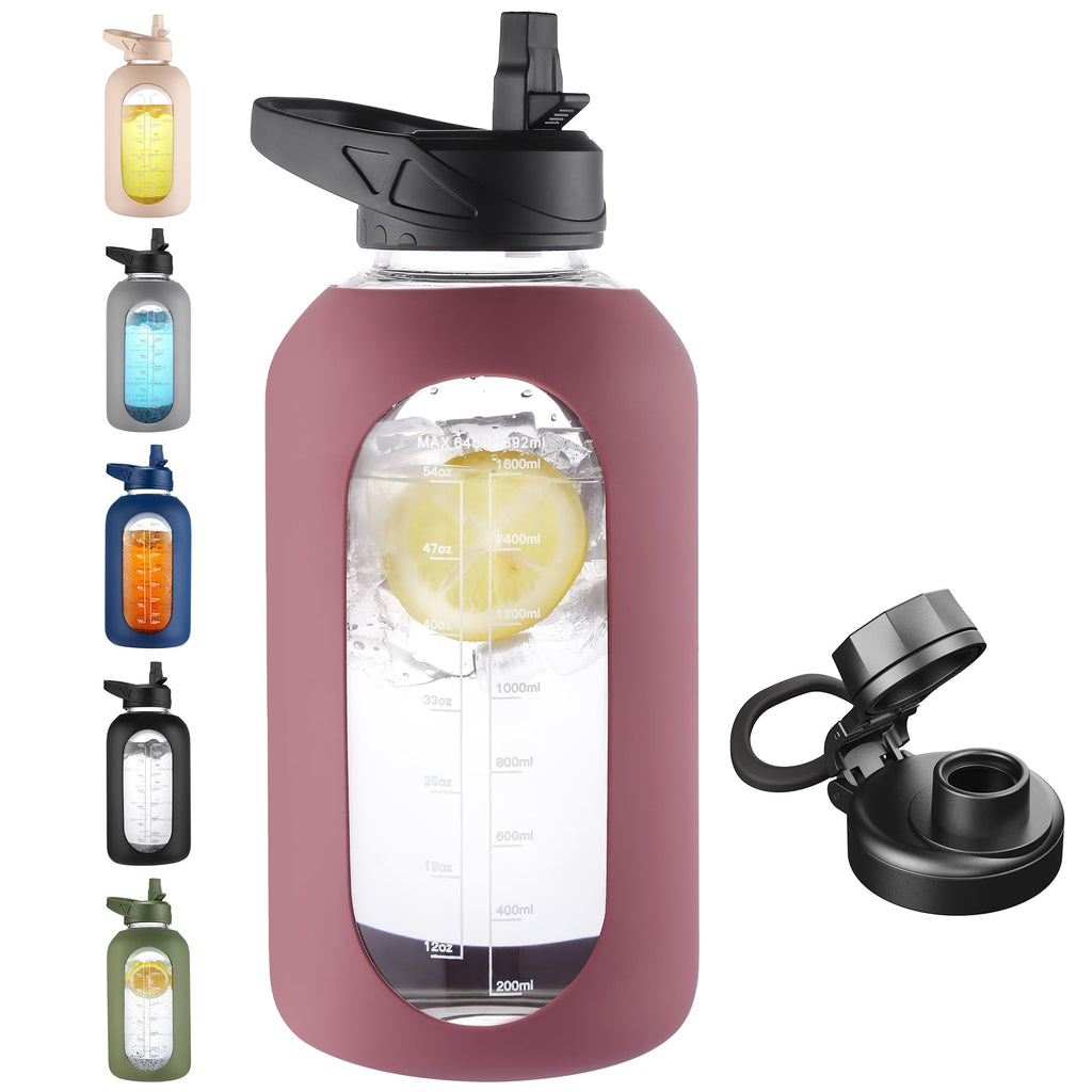 40 oz glass water bottle with straw, time marker and silicone sleeve