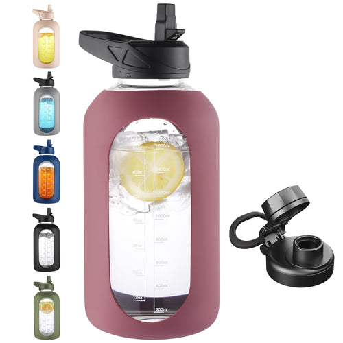 40 oz glass water bottle with straw, time marker and silicone sleeve