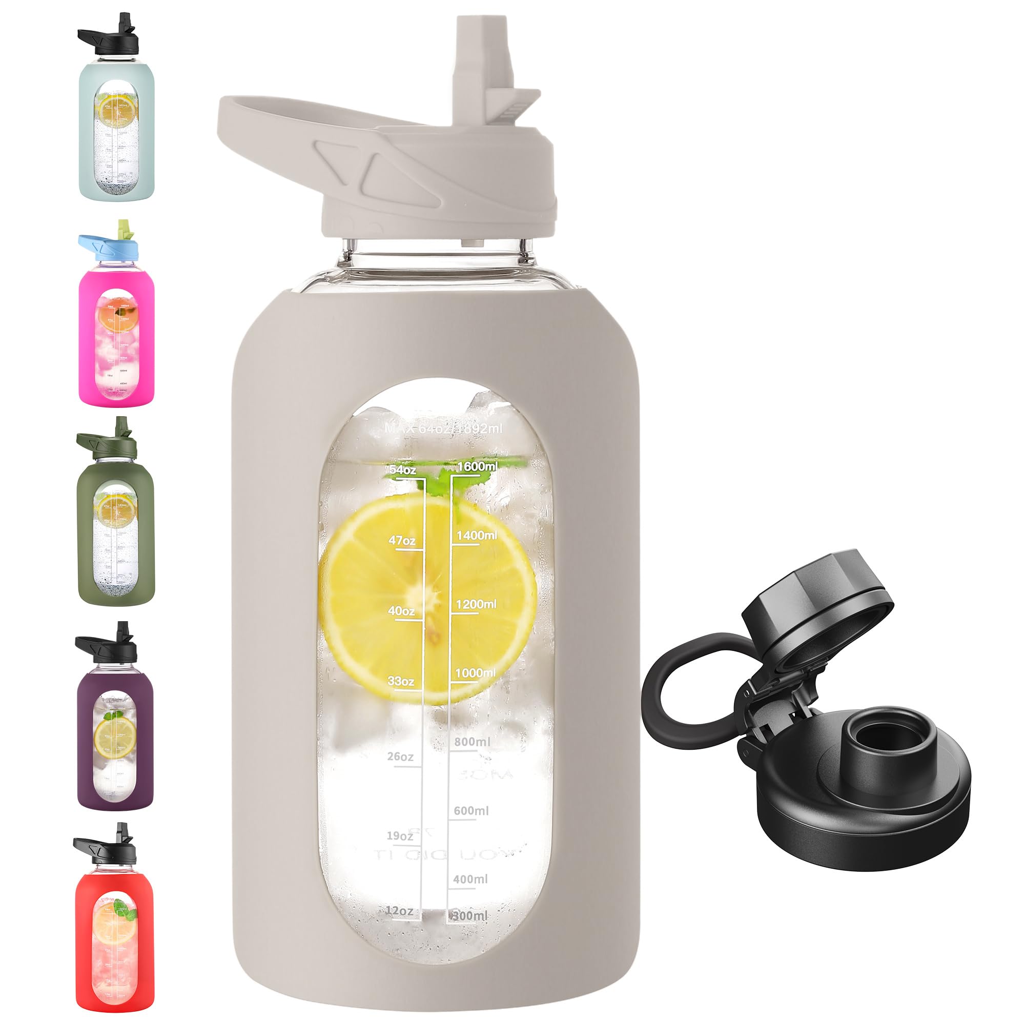 40 oz Glass Water Bottle with Straw & Time Marker – Motivational Bottle with Sleeve