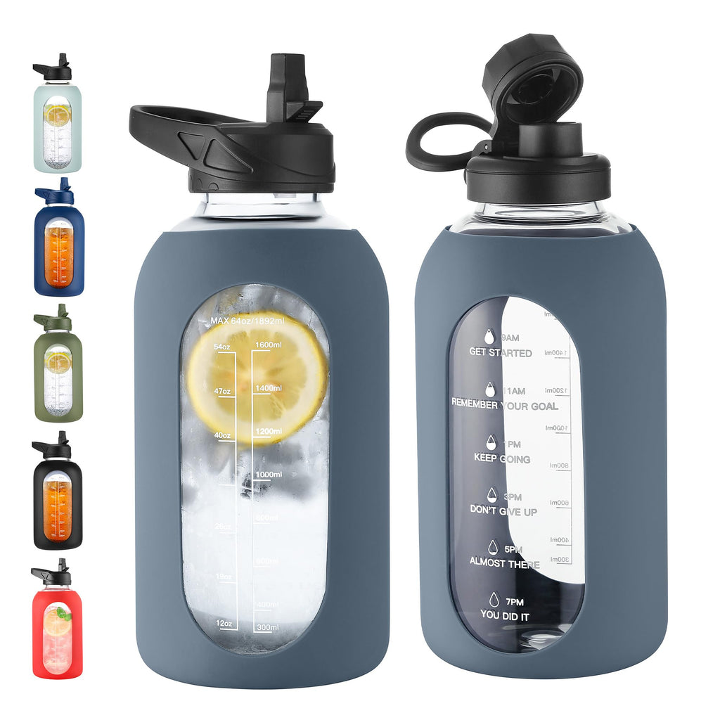 40 oz Glass Water Bottle with Straw & Time Marker – Motivational Bottle with Sleeve