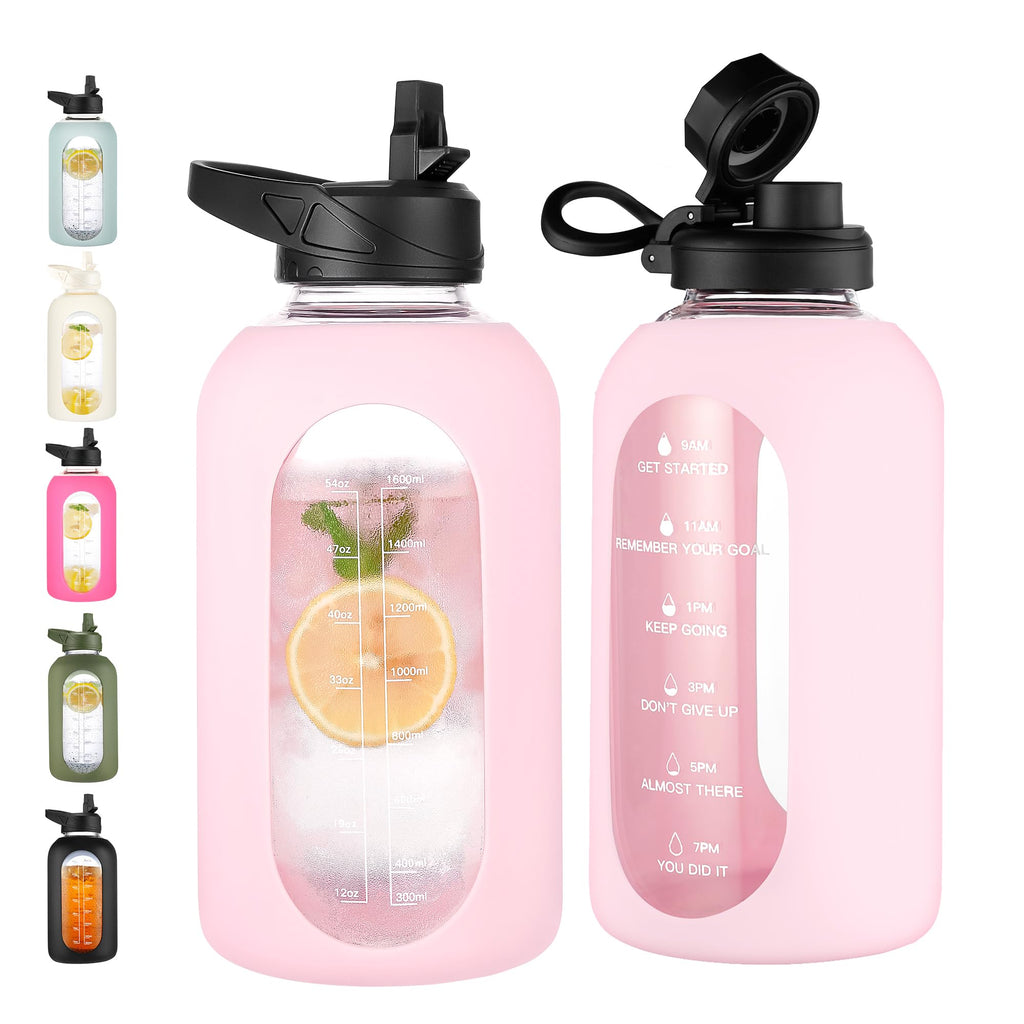 40 oz Glass Water Bottle with Straw & Time Marker – Motivational Bottle with Sleeve