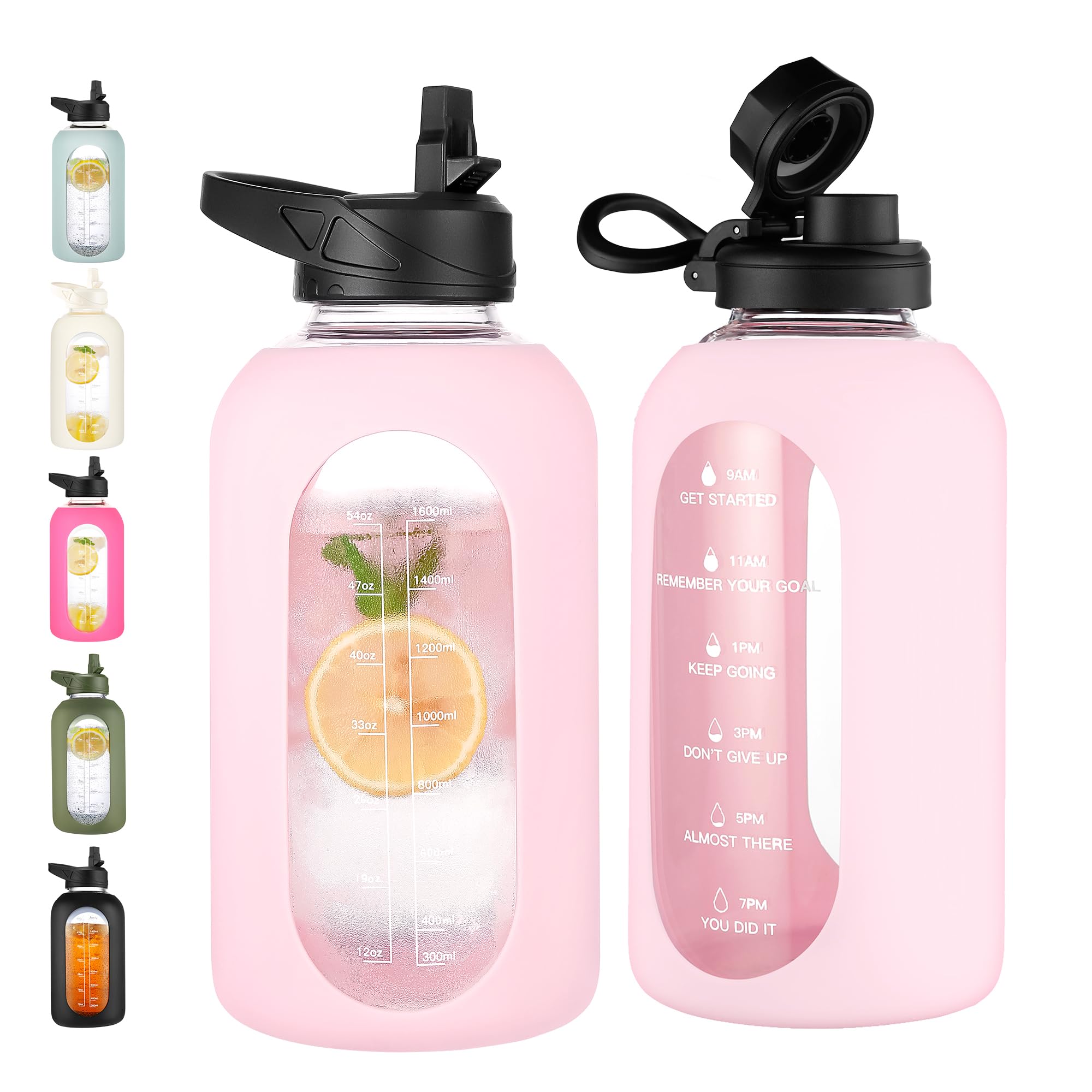 40 oz Glass Water Bottle with Straw & Time Marker – Motivational Bottle with Sleeve