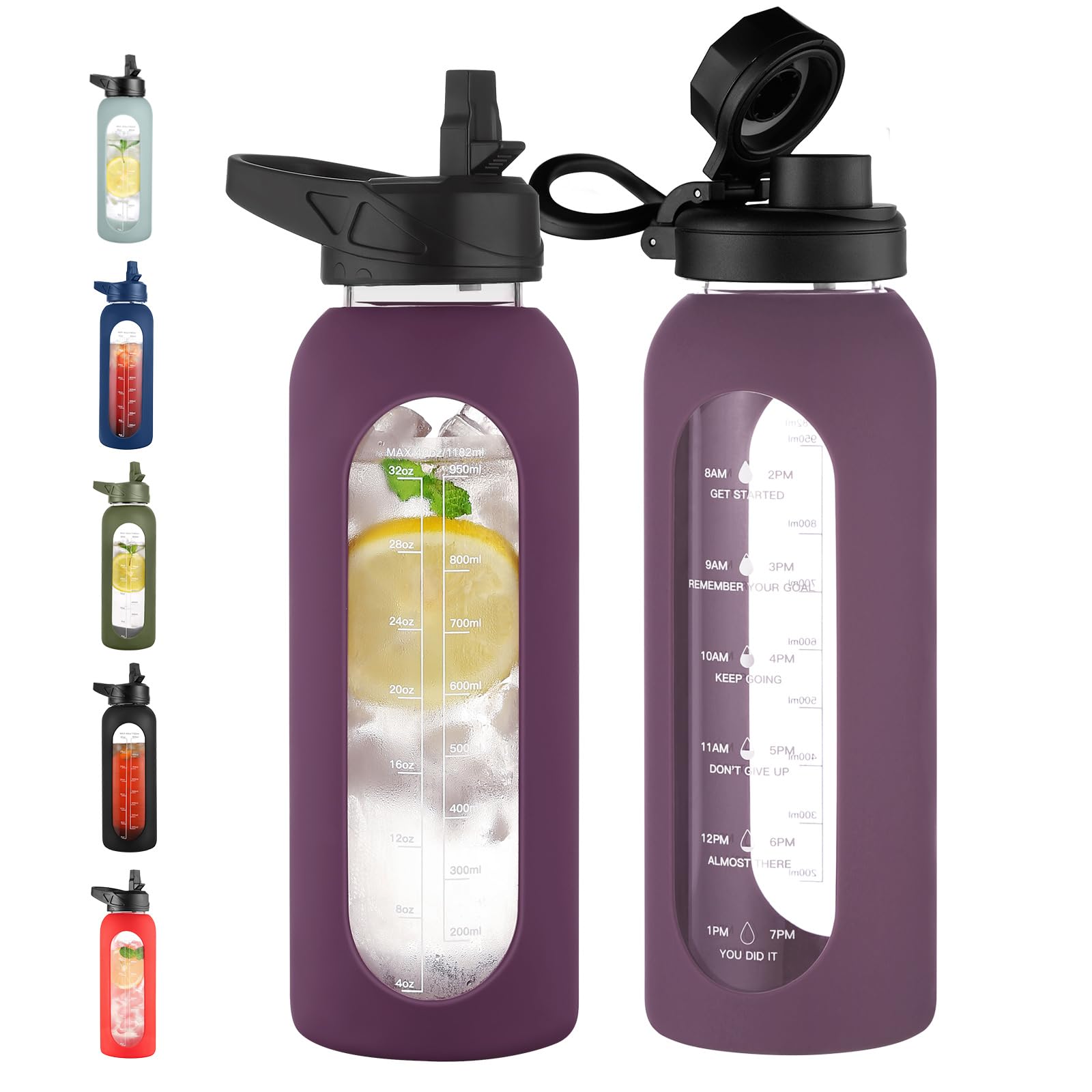 40 oz Glass Water Bottle with Straw & Time Marker – Motivational Bottle with Sleeve