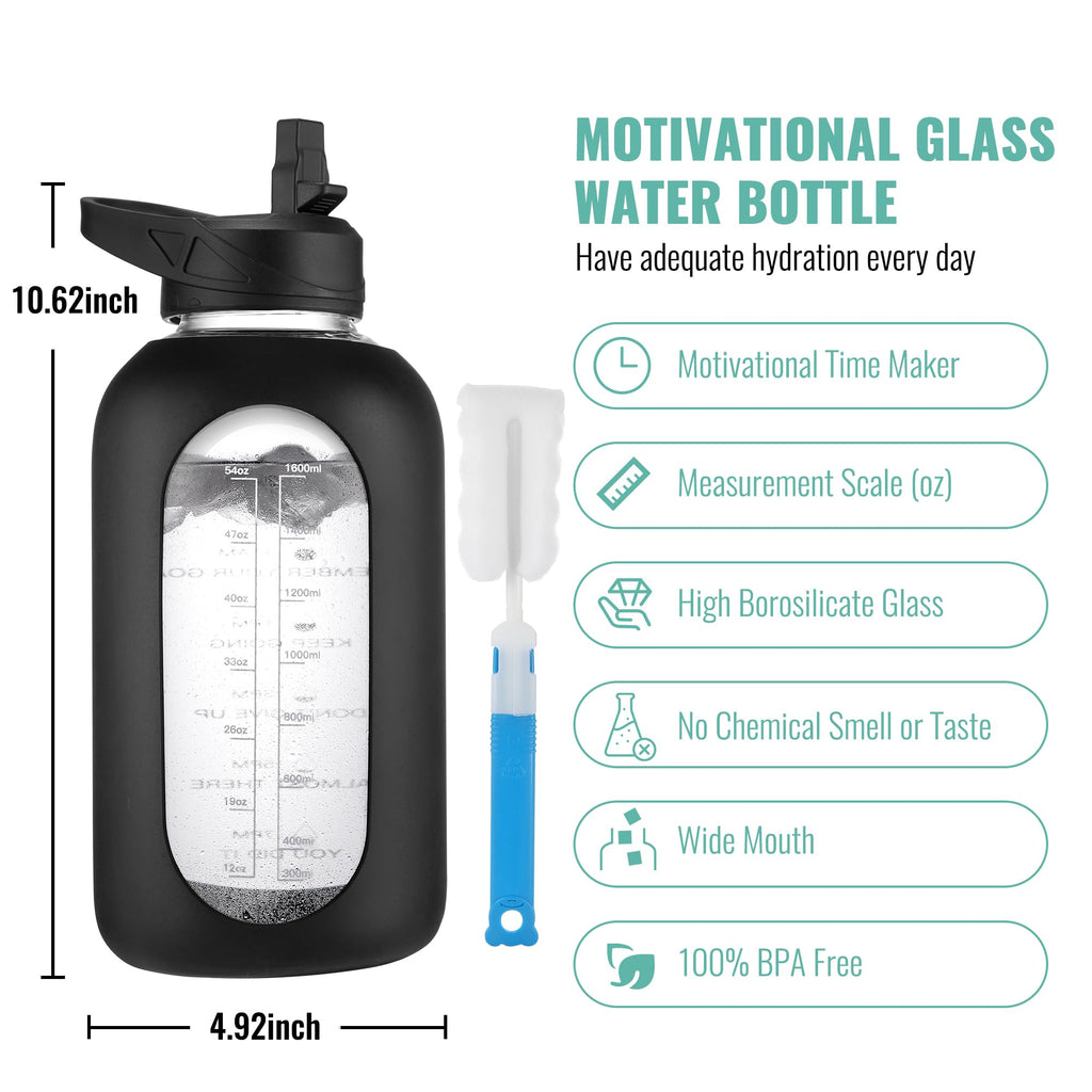 40 oz Glass Water Bottle with Straw & Time Marker – Motivational Bottle with Sleeve