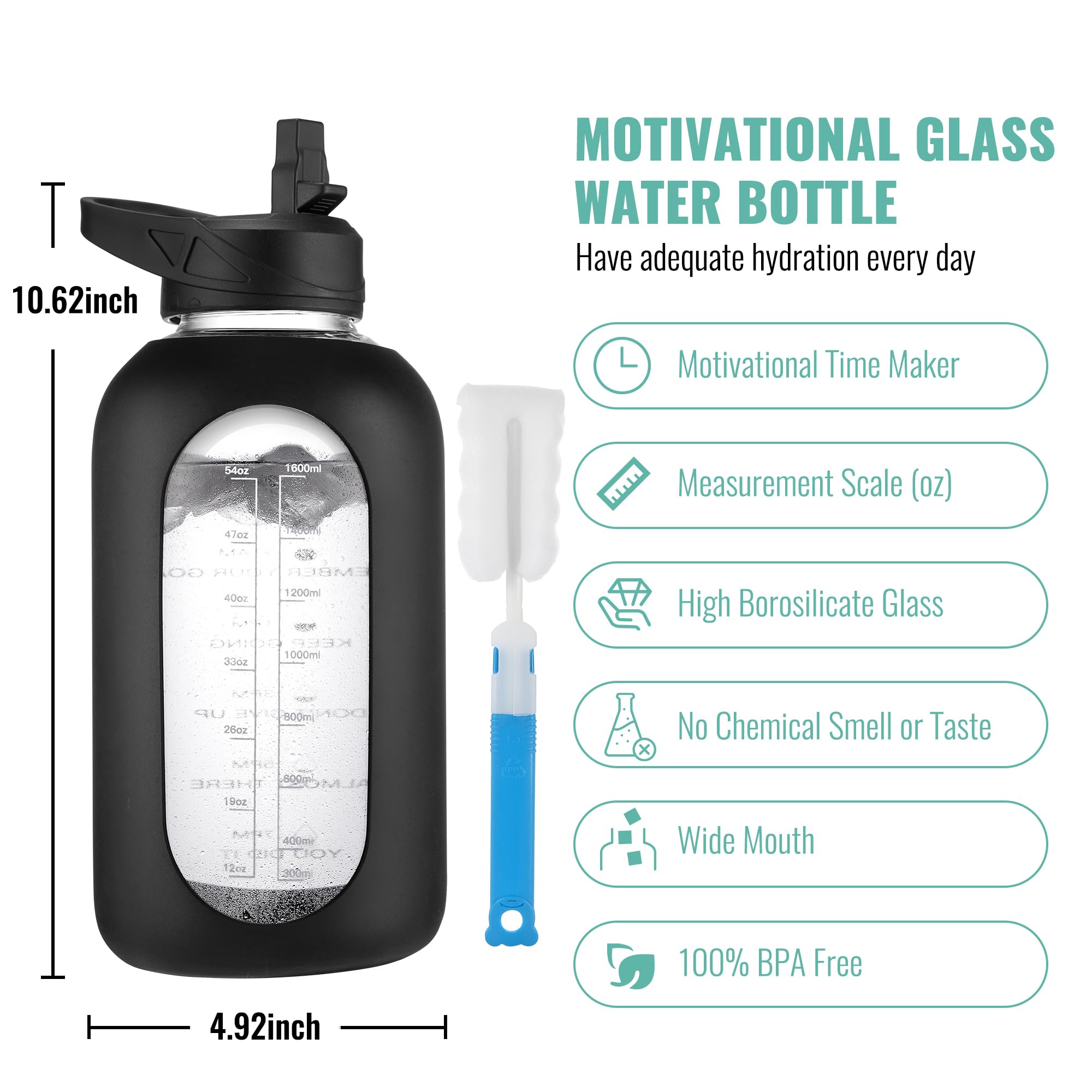 40 oz Glass Water Bottle with Straw & Time Marker – Motivational Bottle with Sleeve
