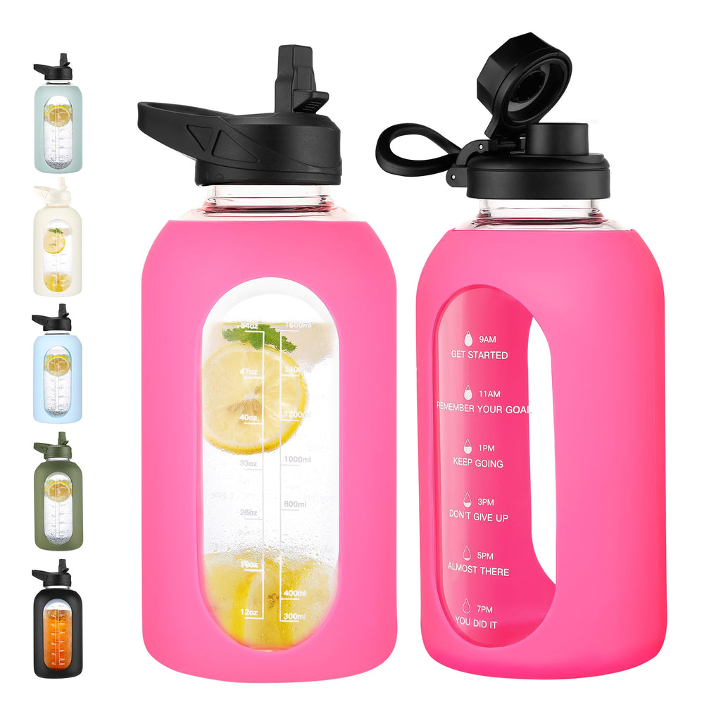 40 oz Glass Water Bottle with Straw & Time Marker – Motivational Bottle with Sleeve