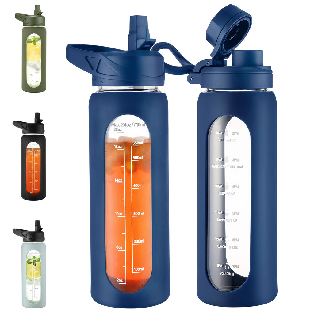 40 oz Glass Water Bottle with Straw & Time Marker – Motivational Bottle with Sleeve