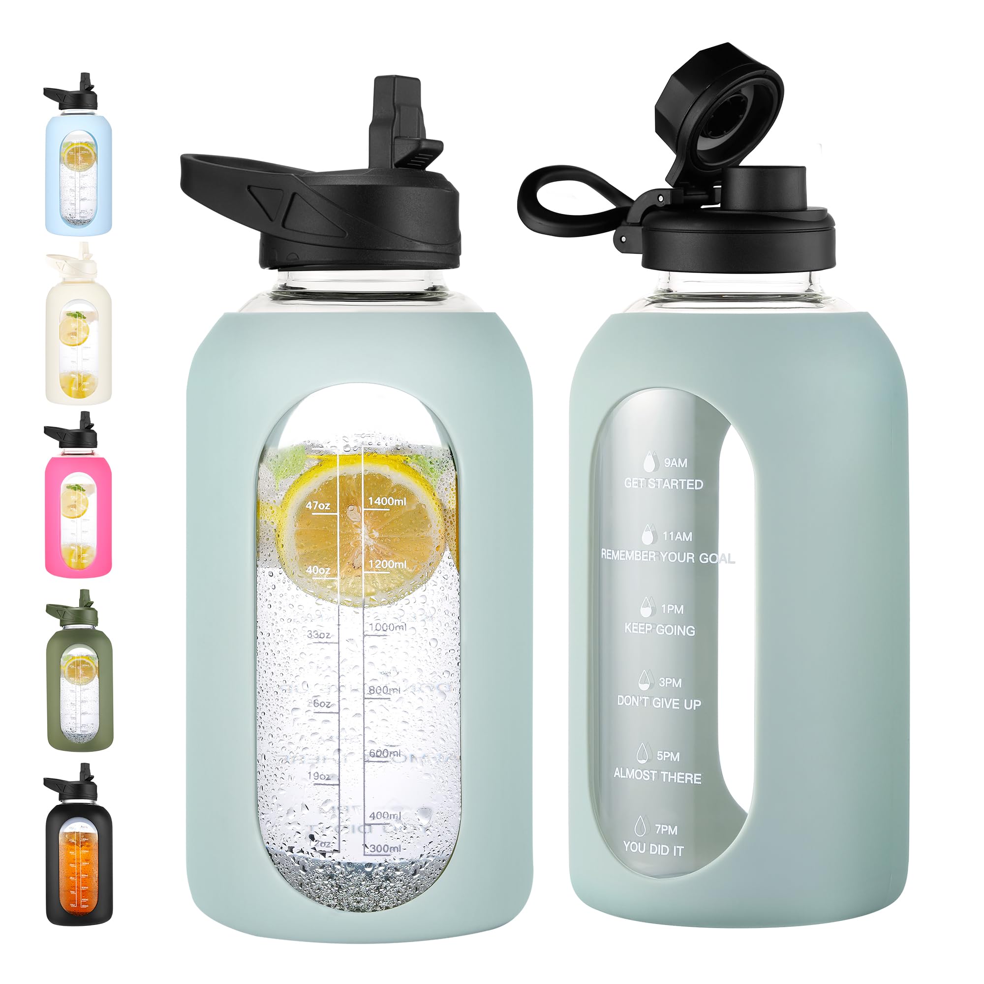 40 oz Glass Water Bottle with Straw & Time Marker – Motivational Bottle with Sleeve
