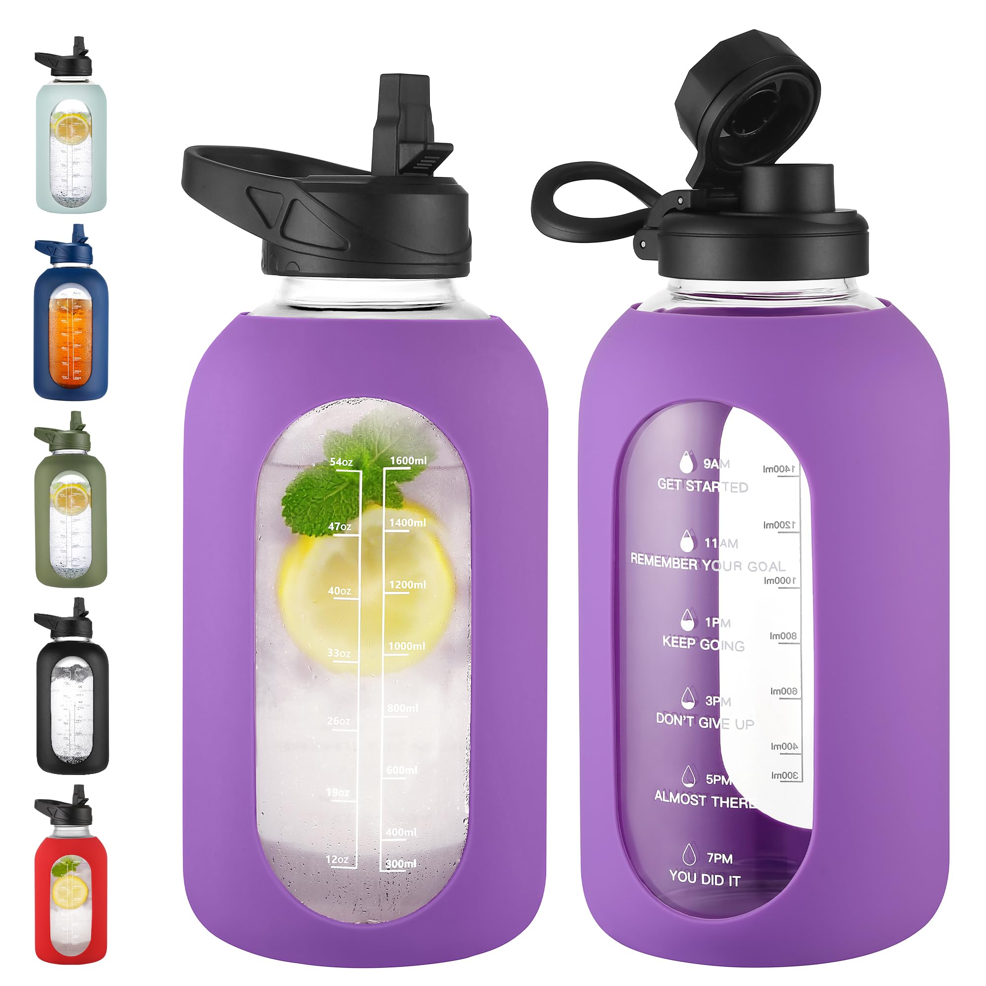 40 oz Glass Water Bottle with Straw & Time Marker – Motivational Bottle with Sleeve