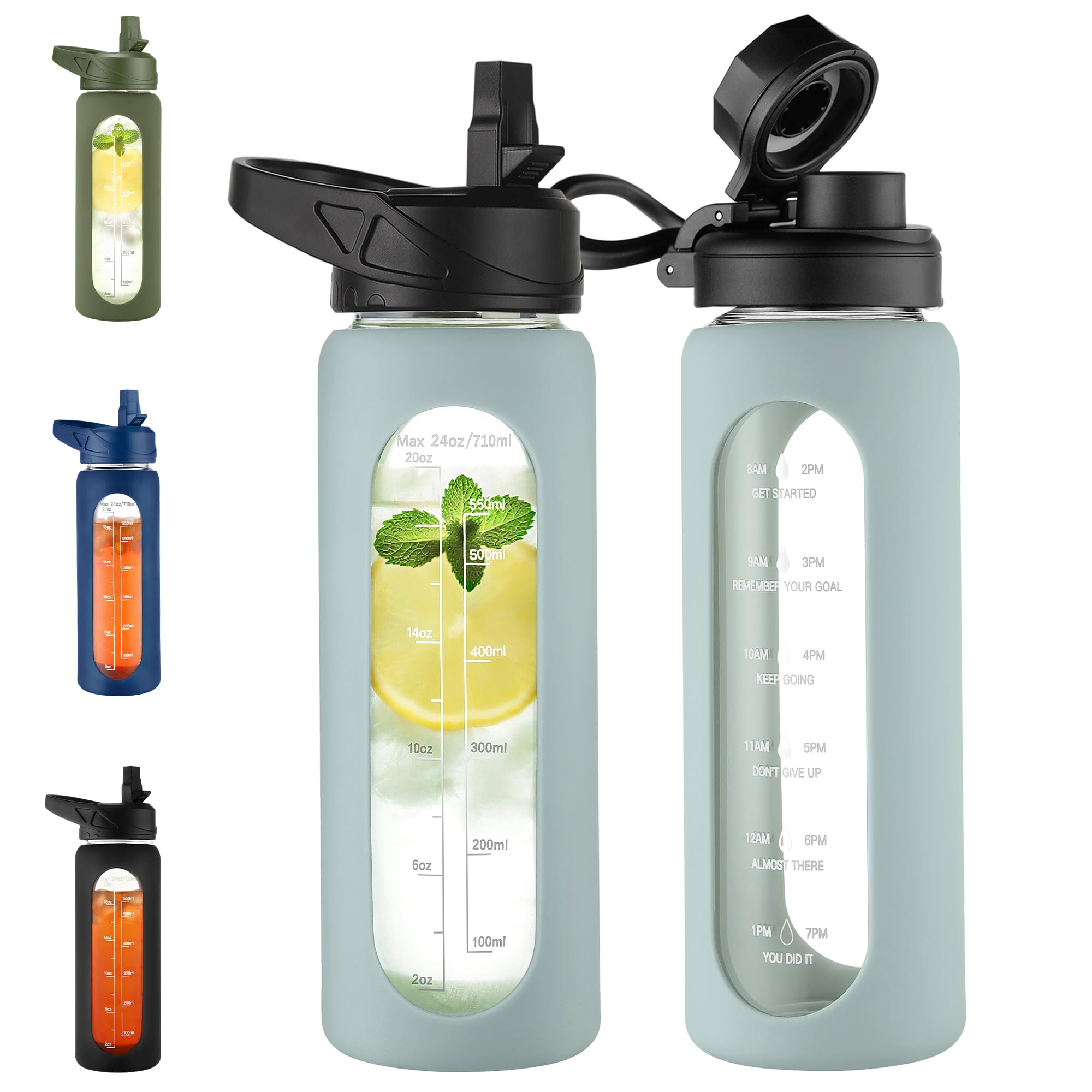 40 oz Glass Water Bottle with Straw & Time Marker – Motivational Bottle with Sleeve