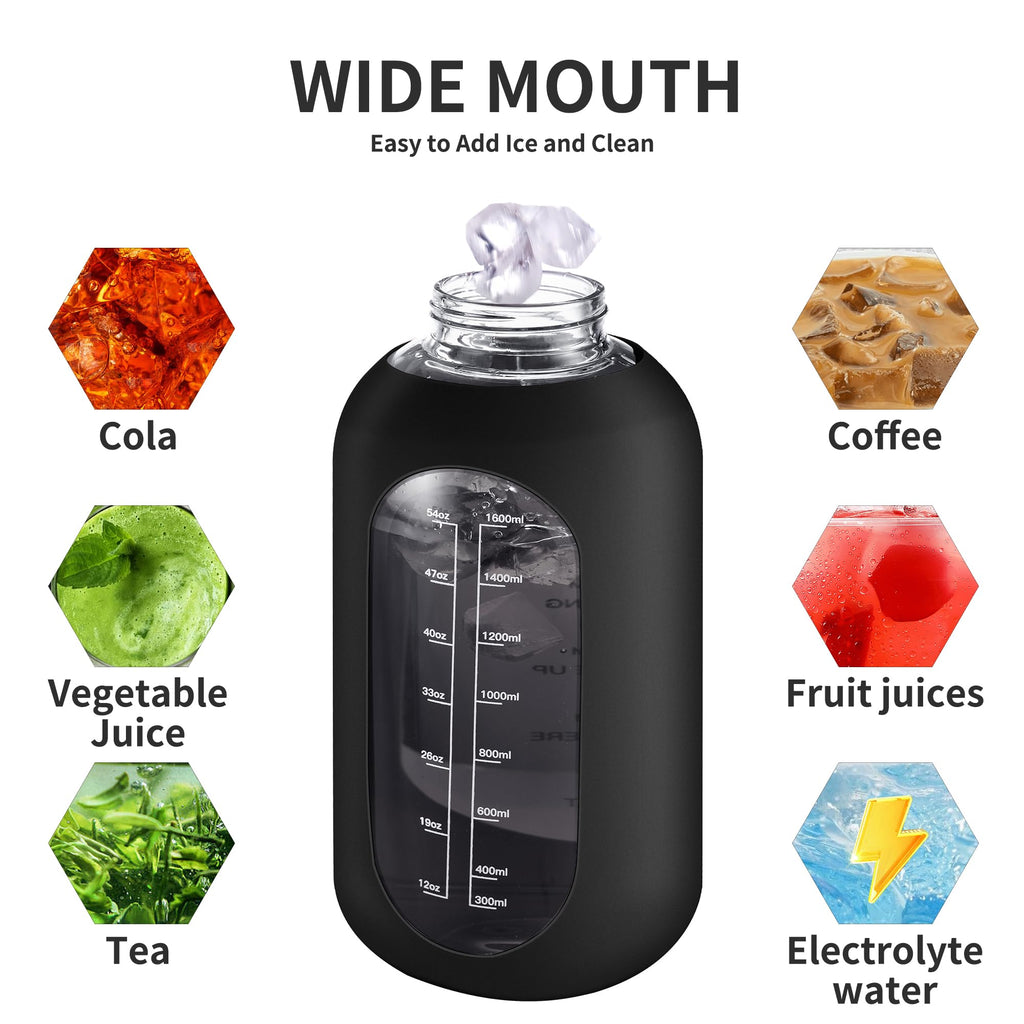 40 oz Glass Water Bottle with Straw & Time Marker – Motivational Bottle with Sleeve