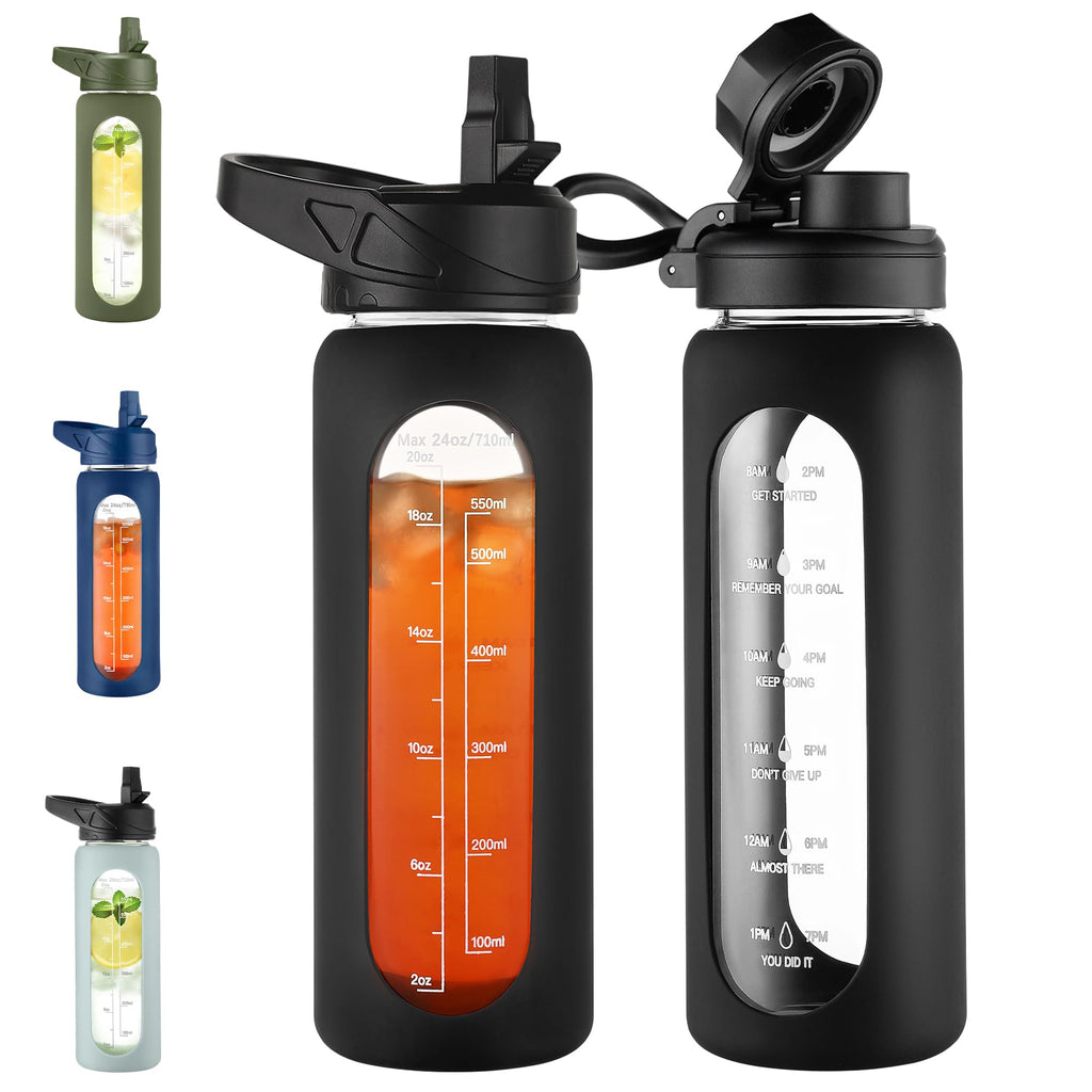 40 oz Glass Water Bottle with Straw & Time Marker – Motivational Bottle with Sleeve