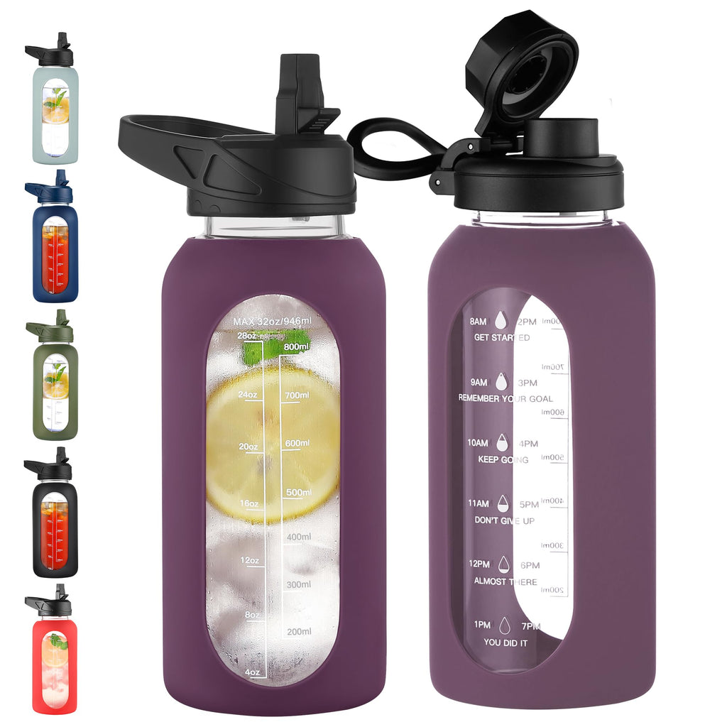 40 oz Glass Water Bottle with Straw & Time Marker – Motivational Bottle with Sleeve