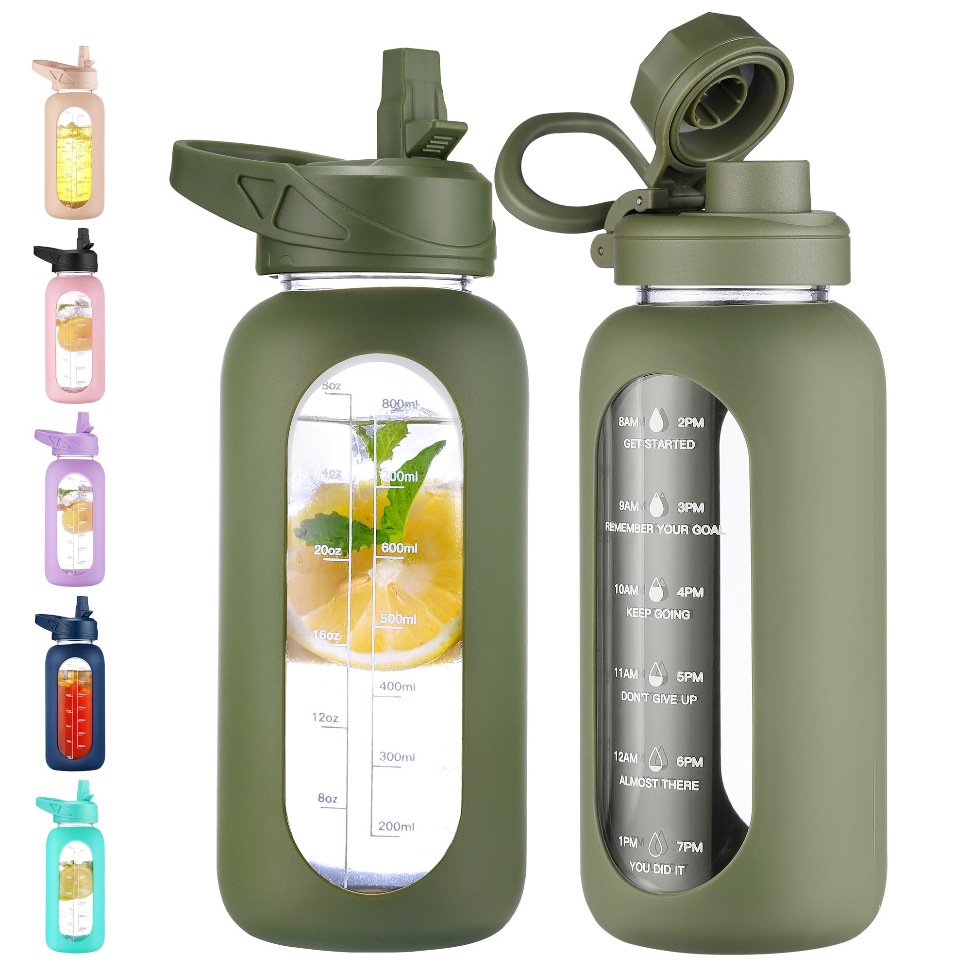 40 oz Glass Water Bottle with Straw & Time Marker – Motivational Bottle with Sleeve
