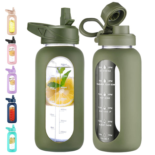 40 oz Glass Water Bottle with Straw & Time Marker – Motivational Bottle with Sleeve