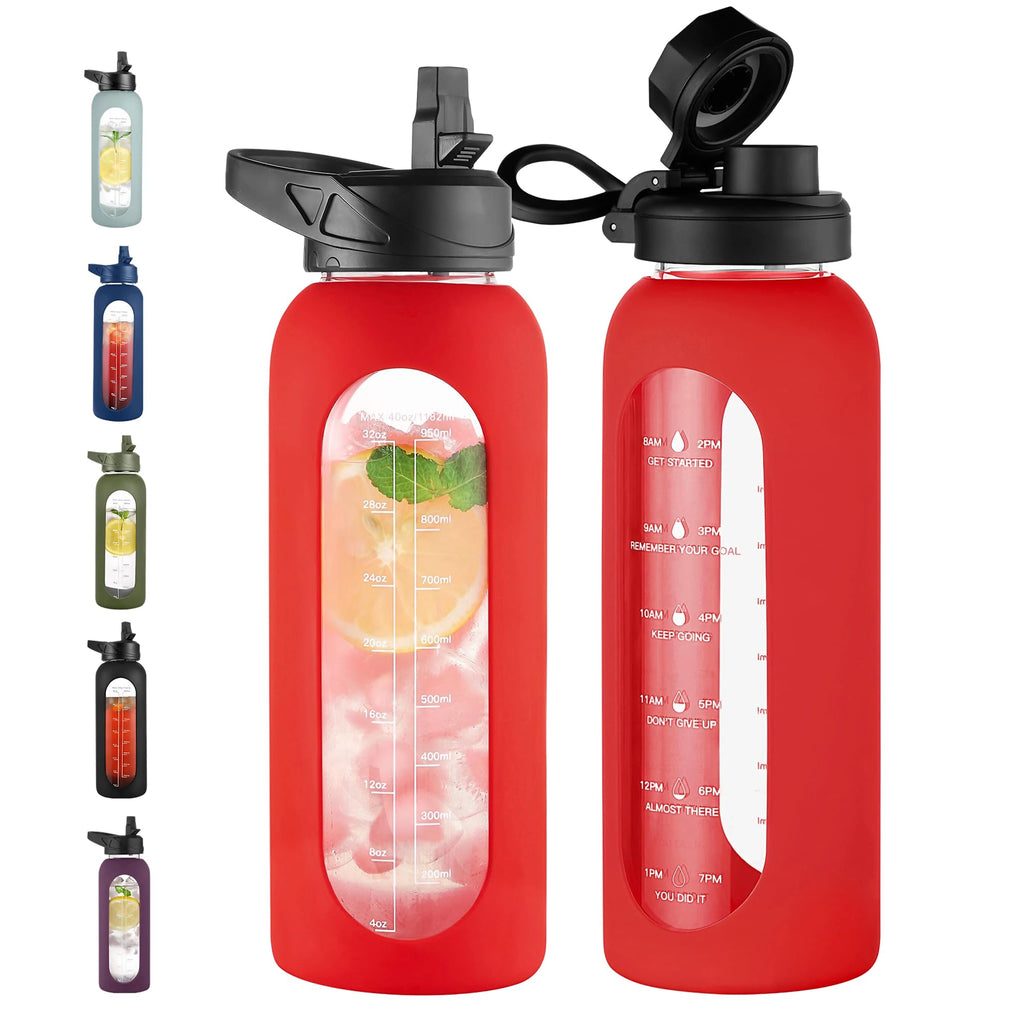40 oz Glass Water Bottle with Straw & Time Marker – Motivational Bottle with Sleeve