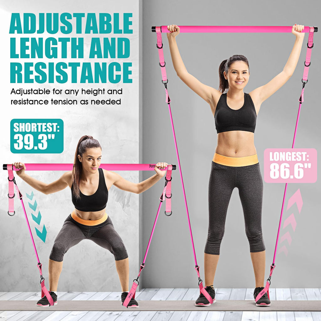 Pilates Bar Kit with Resistance Bands – Adjustable 3-Section Home Workout Set