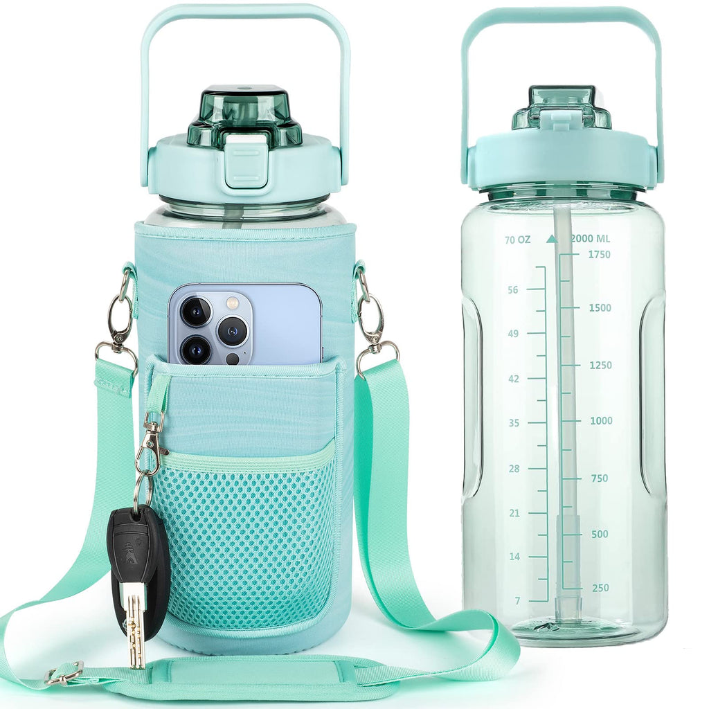 Half gallon 64 oz motivational water bottle with straw and time marker