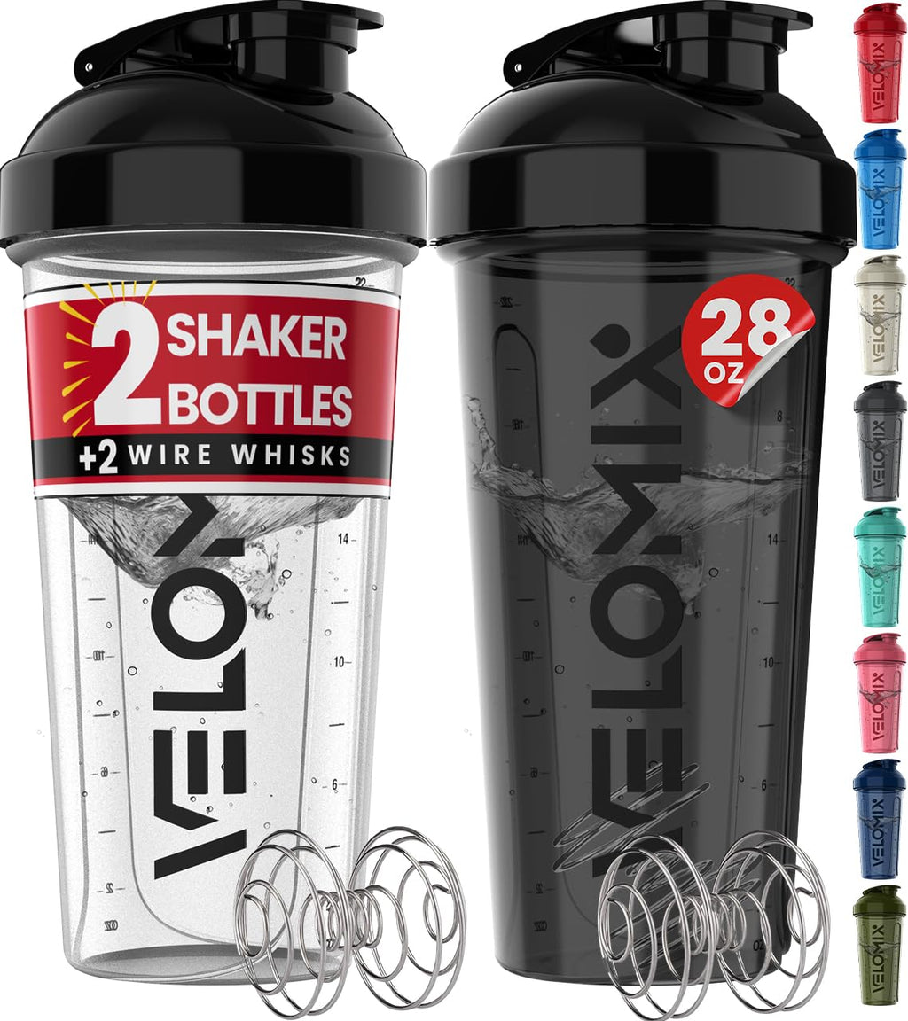 Protein Shaker Bottles 2-Pack – 28 oz Leak-Proof Shaker Cups with Wire Whisks